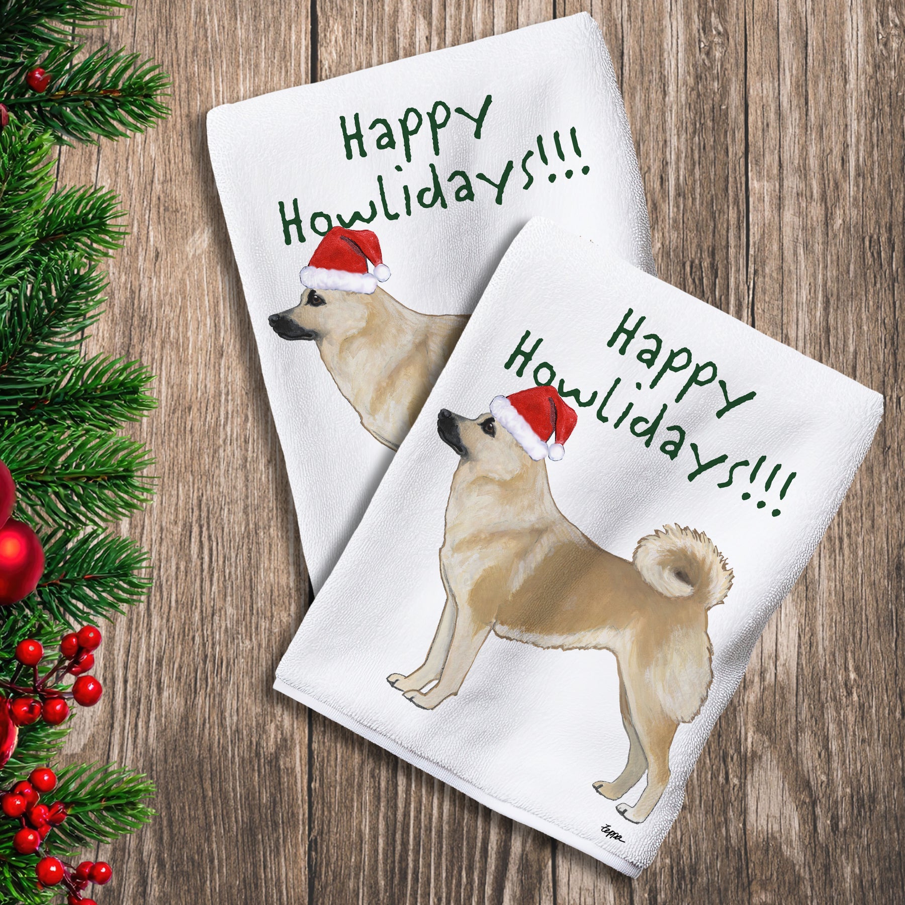 2 Kitchen Towels with a Norwegian Buhund in a Santa Hat and Happy Howlidays text.