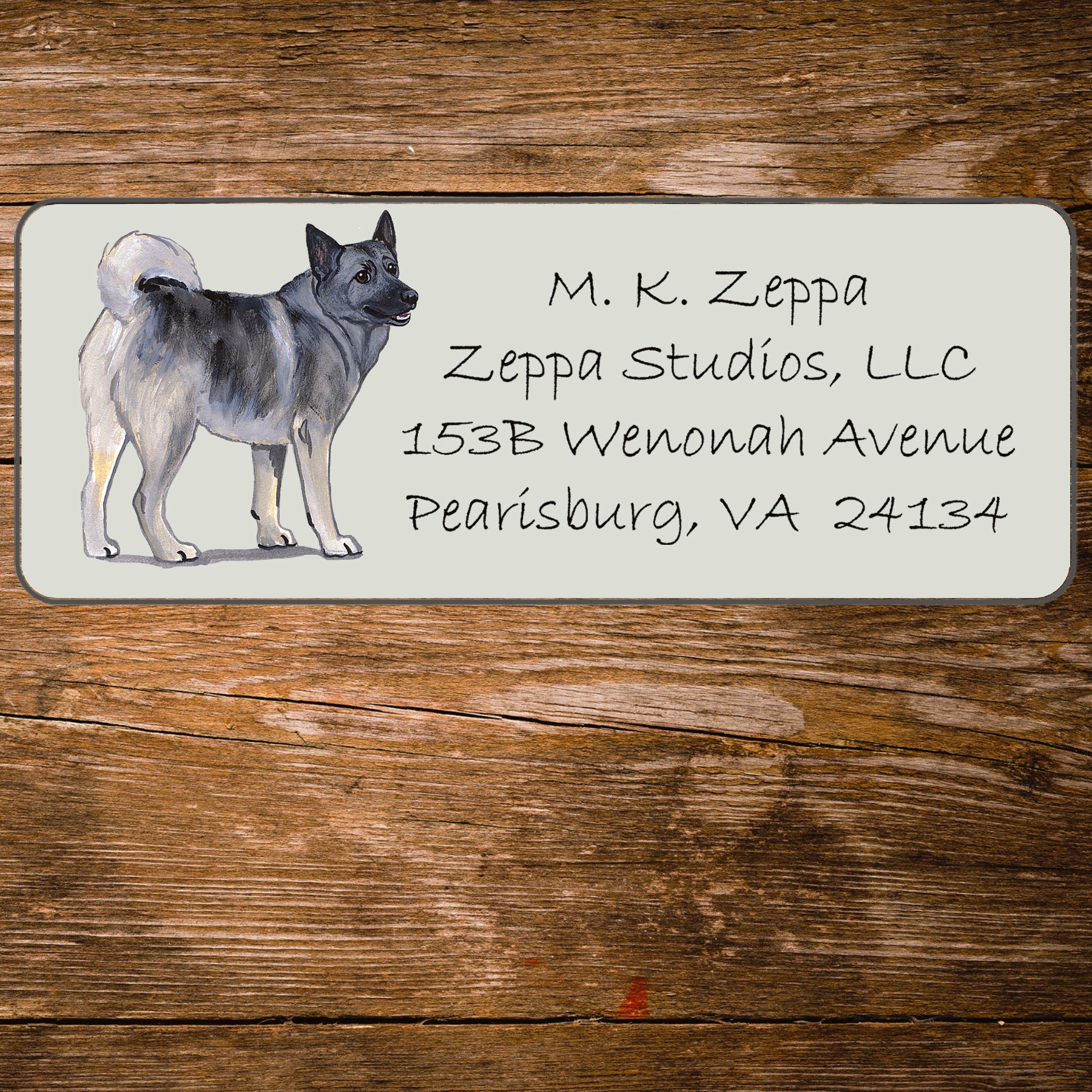 Return address label with a Norwegian Elkhound illustration.