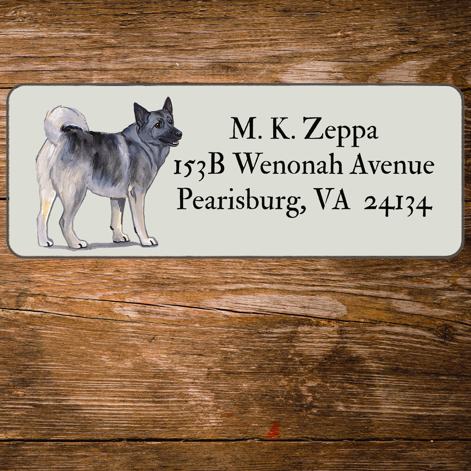 Return address label with a Norwegian Elkhound illustration.