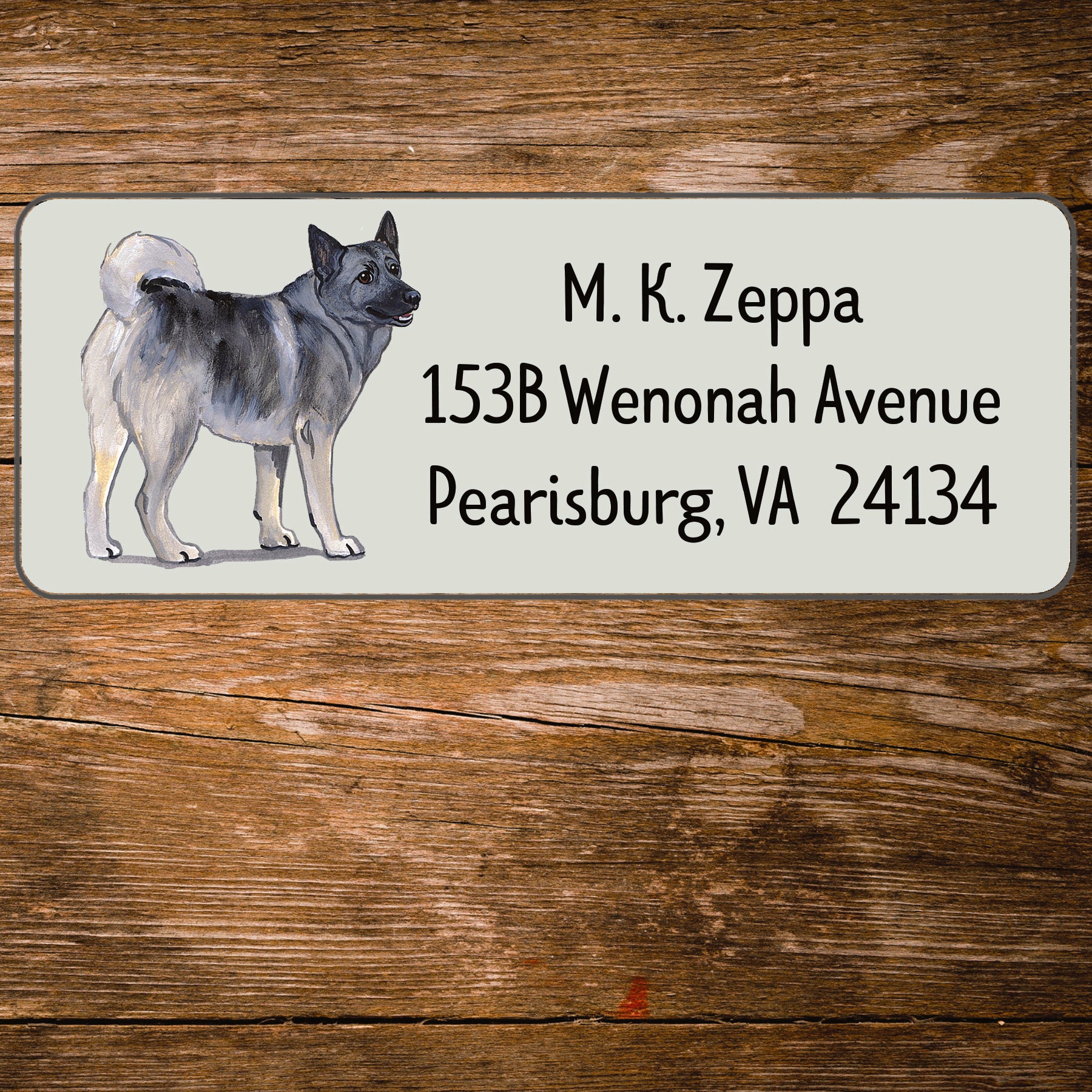 Return address label with a Norwegian Elkhound illustration.