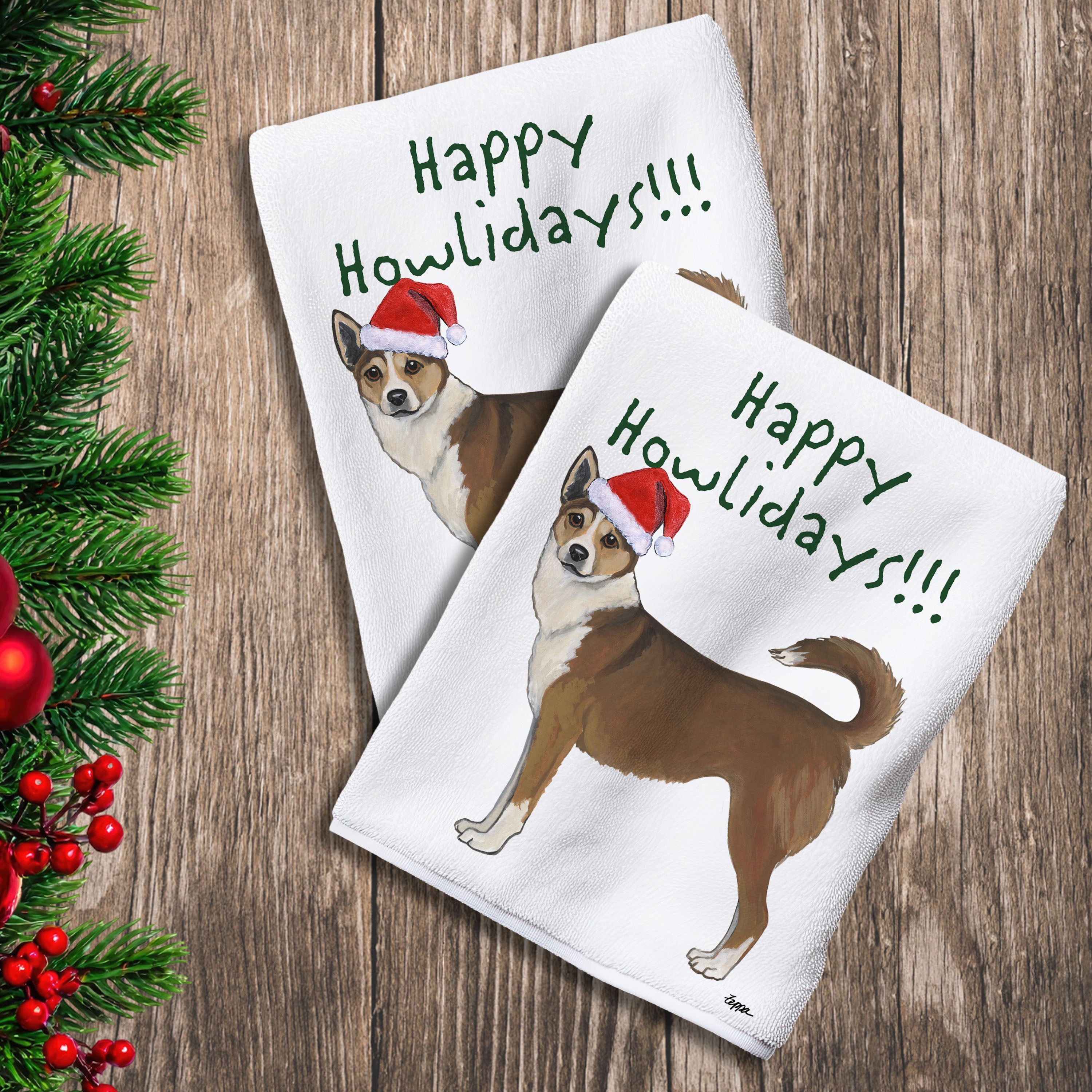 2 Kitchen Towels with a Norwegian Lundehund in a Santa Hat and Happy Howlidays text.