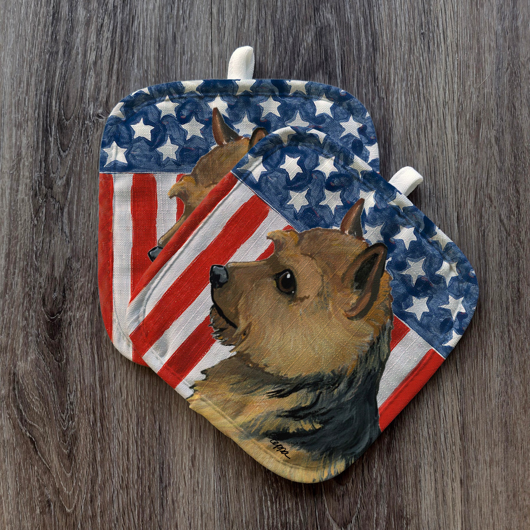 Black and Tan Norwich Terrier Americana Pot Holders