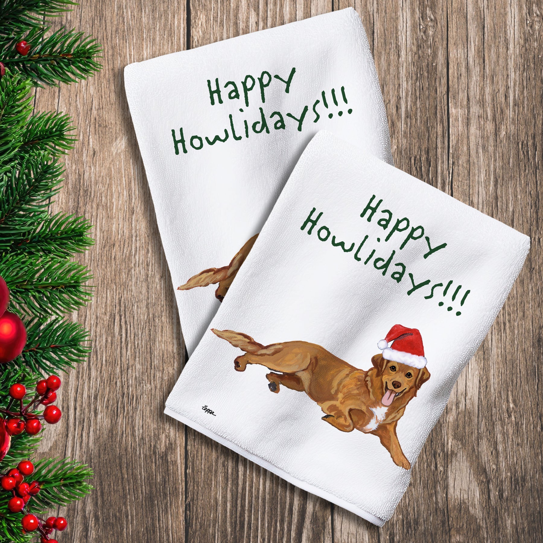 2 Kitchen Towels with a Nova Scotia Duck Tolling Retriever in a Santa Hat and Happy Howlidays text.
