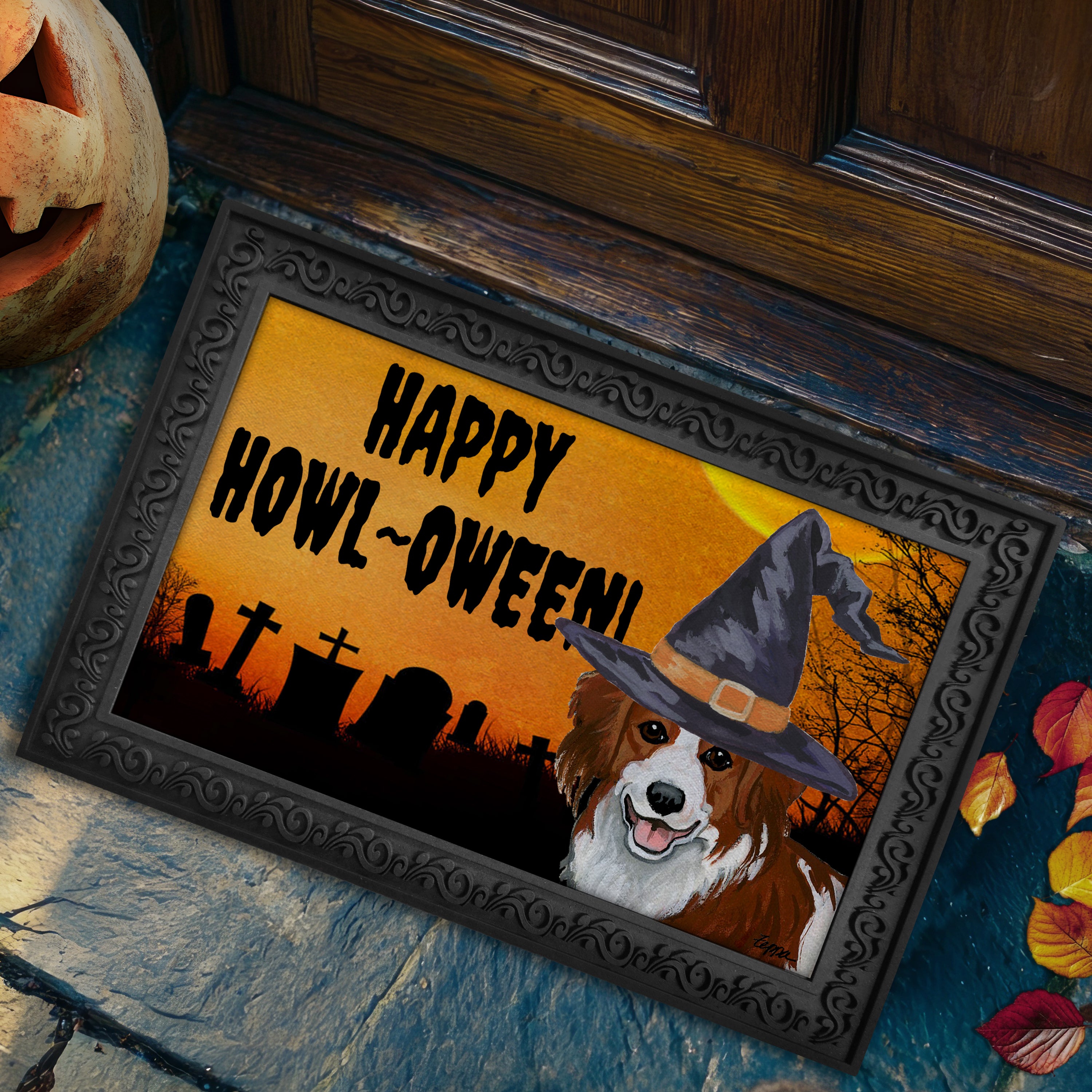 Halloween-themed doormat with a Nederlandse Kooikerhondje wearing a witch hat and 'Happy Howl-Oween!' text, placed on a stone step.