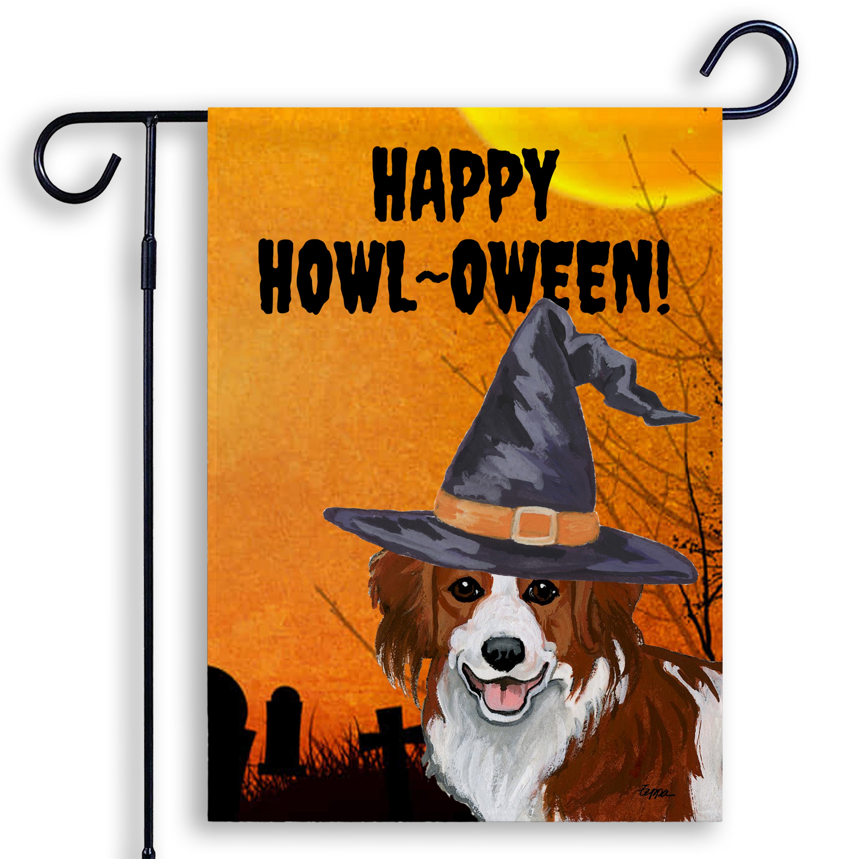 Halloween-themed garden flag with a  Nederlandse Kooikerhondje wearing a witch hat and 'Happy Howl-Oween!' text on an orange background.