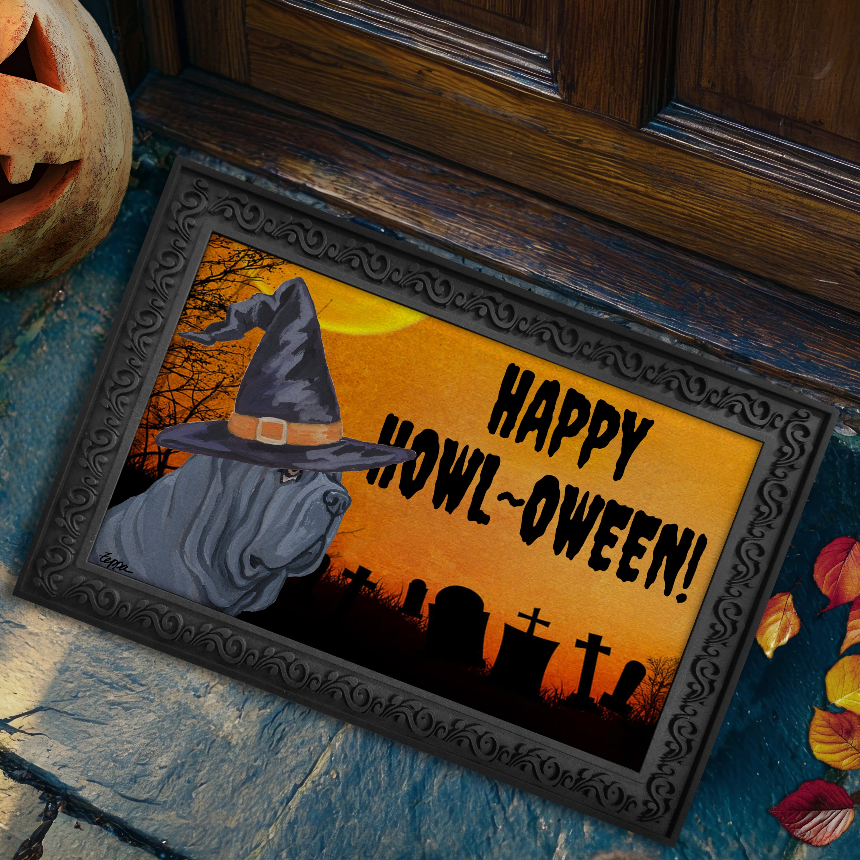 Halloween-themed doormat with a Neopolitan Mastiff wearing a witch hat and 'Happy Howl-Oween!' text, placed on a stone step.