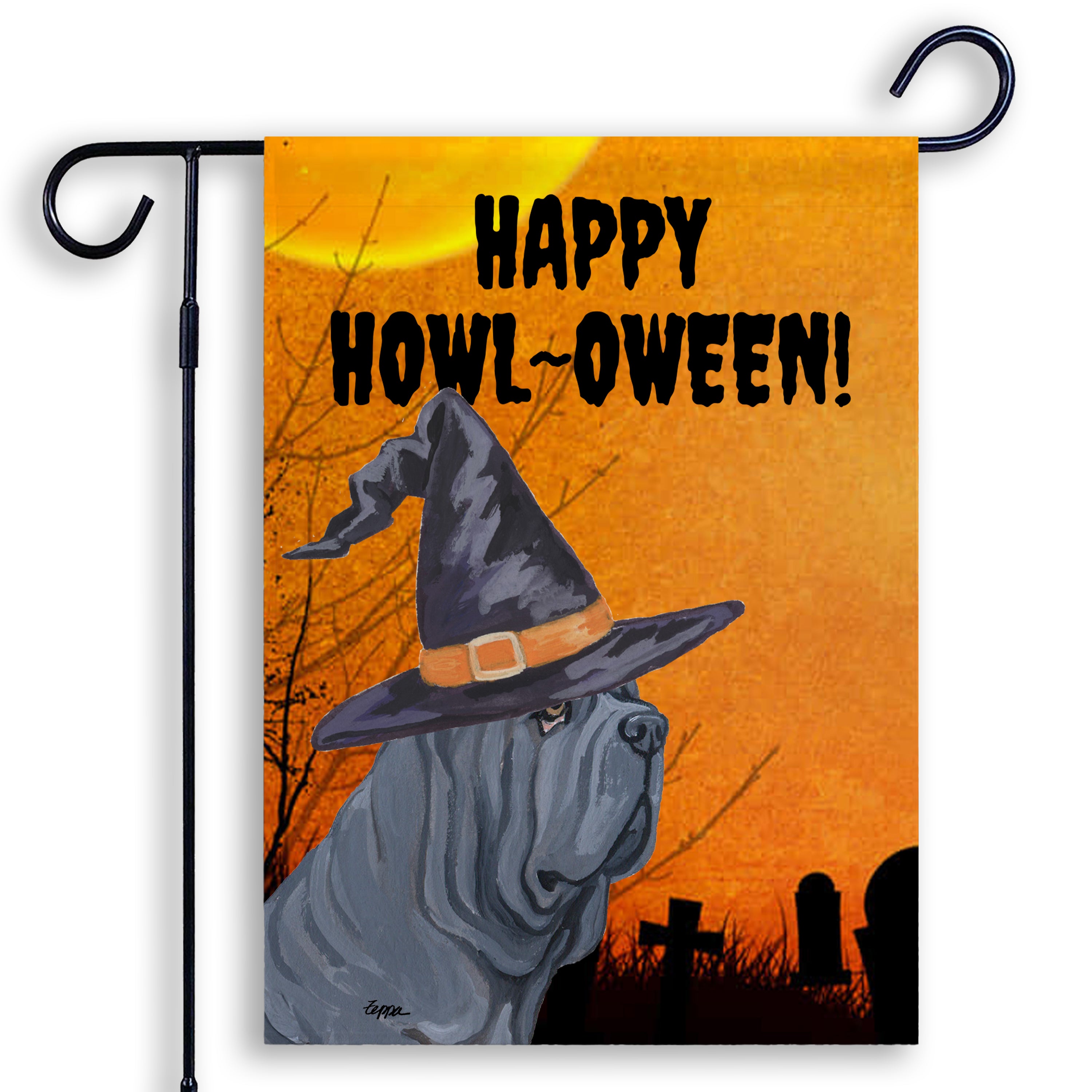 Halloween-themed garden flag with a Neopolitan Mastiff wearing a witch hat and 'Happy Howl-Oween!' text on an orange background.