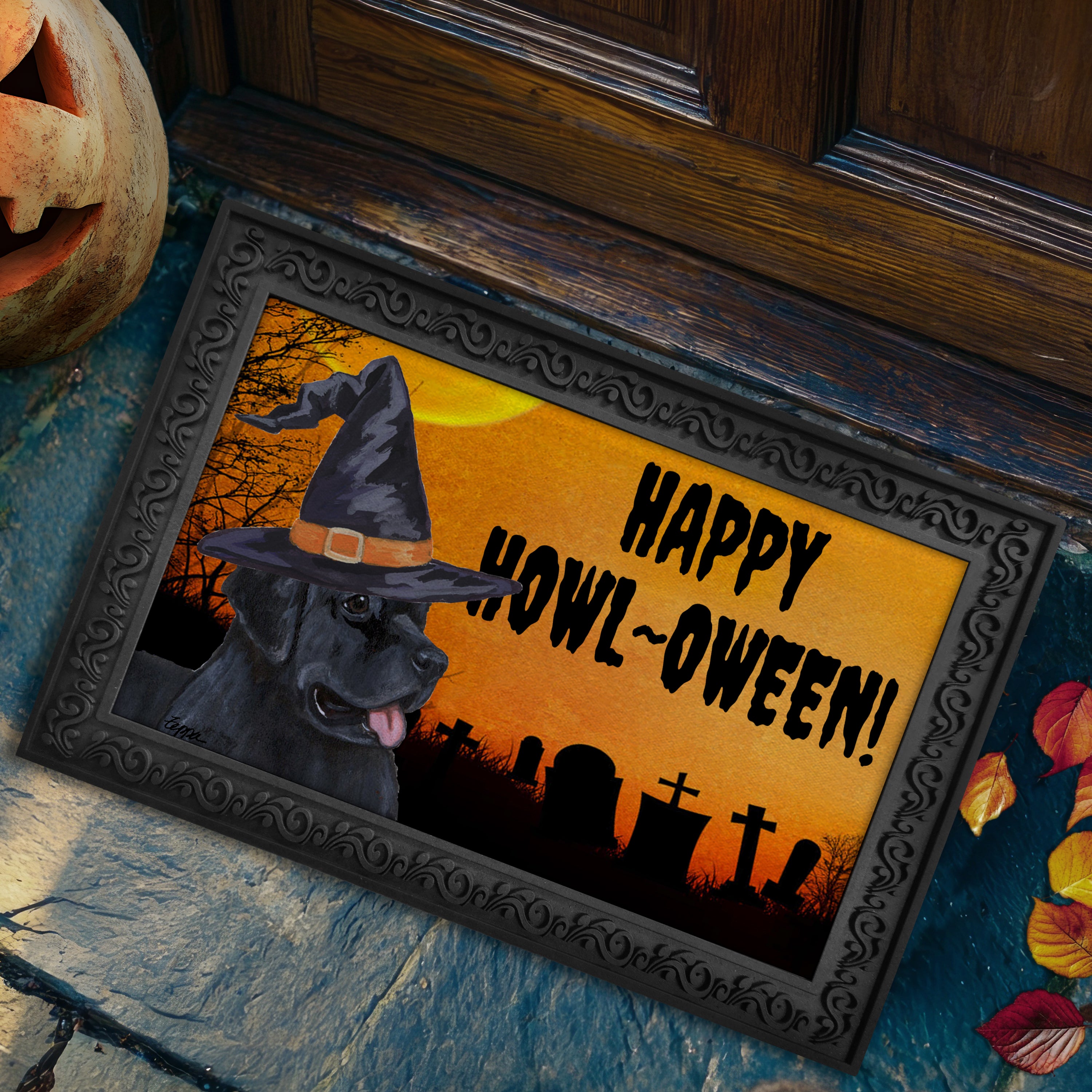 Halloween-themed doormat with a Newfoundland wearing a witch hat and 'Happy Howl-Oween!' text, placed on a stone step.
