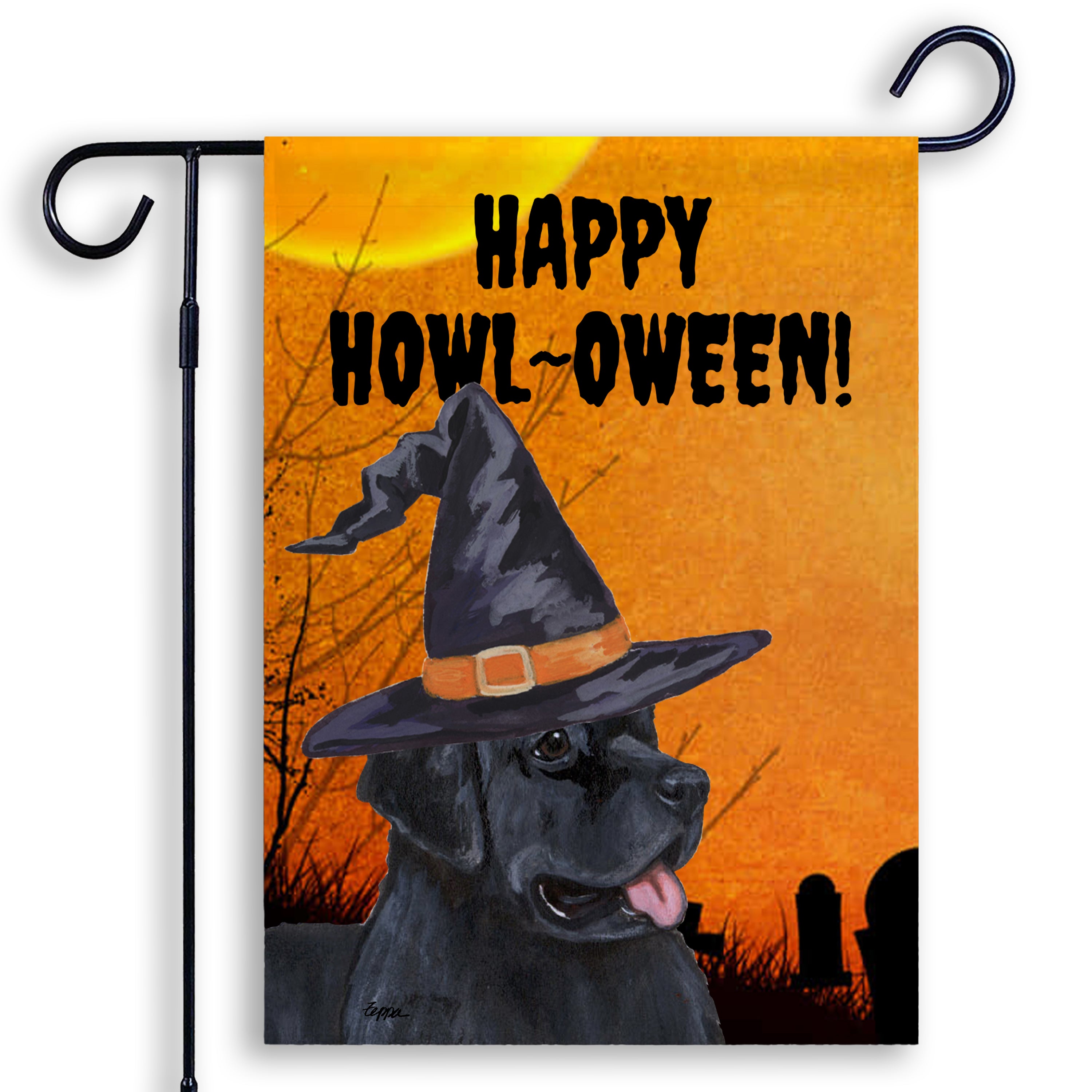 Halloween-themed garden flag with a Newfoundland wearing a witch hat and 'Happy Howl-Oween!' text on an orange background.