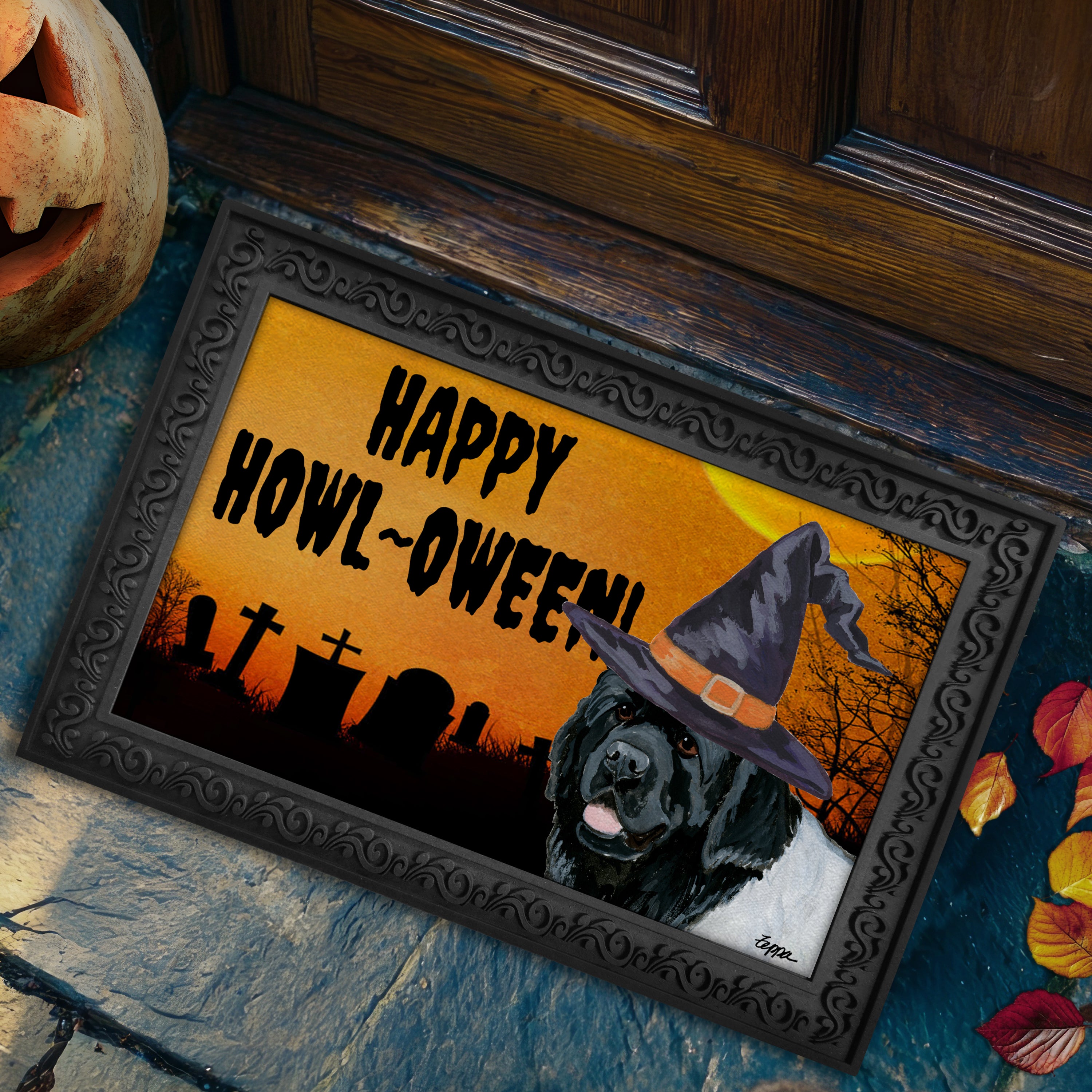 Halloween-themed doormat with a Newfoundland wearing a witch hat and 'Happy Howl-Oween!' text, placed on a stone step.