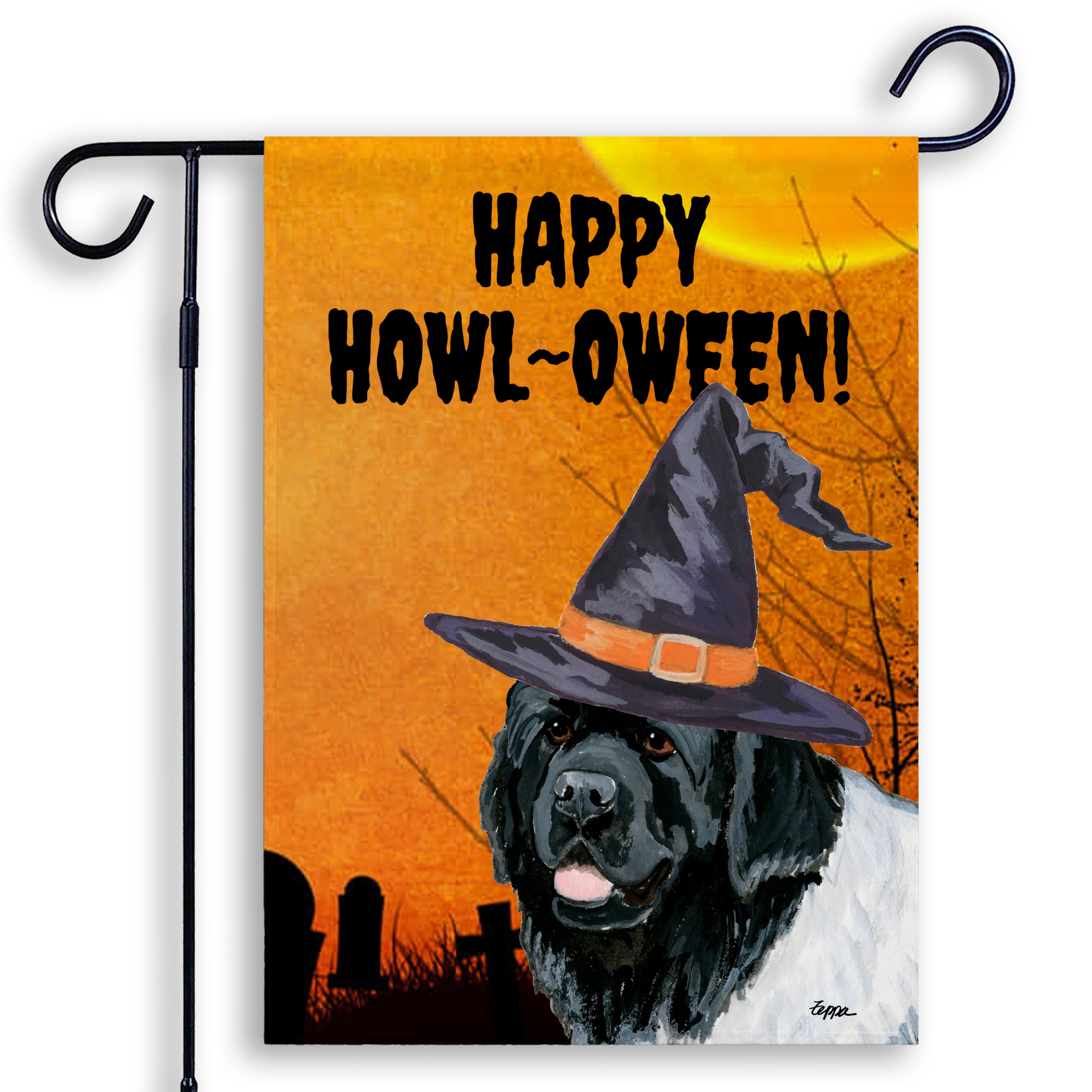 Halloween-themed garden flag with a Newfoundland wearing a witch hat and 'Happy Howl-Oween!' text on an orange background.