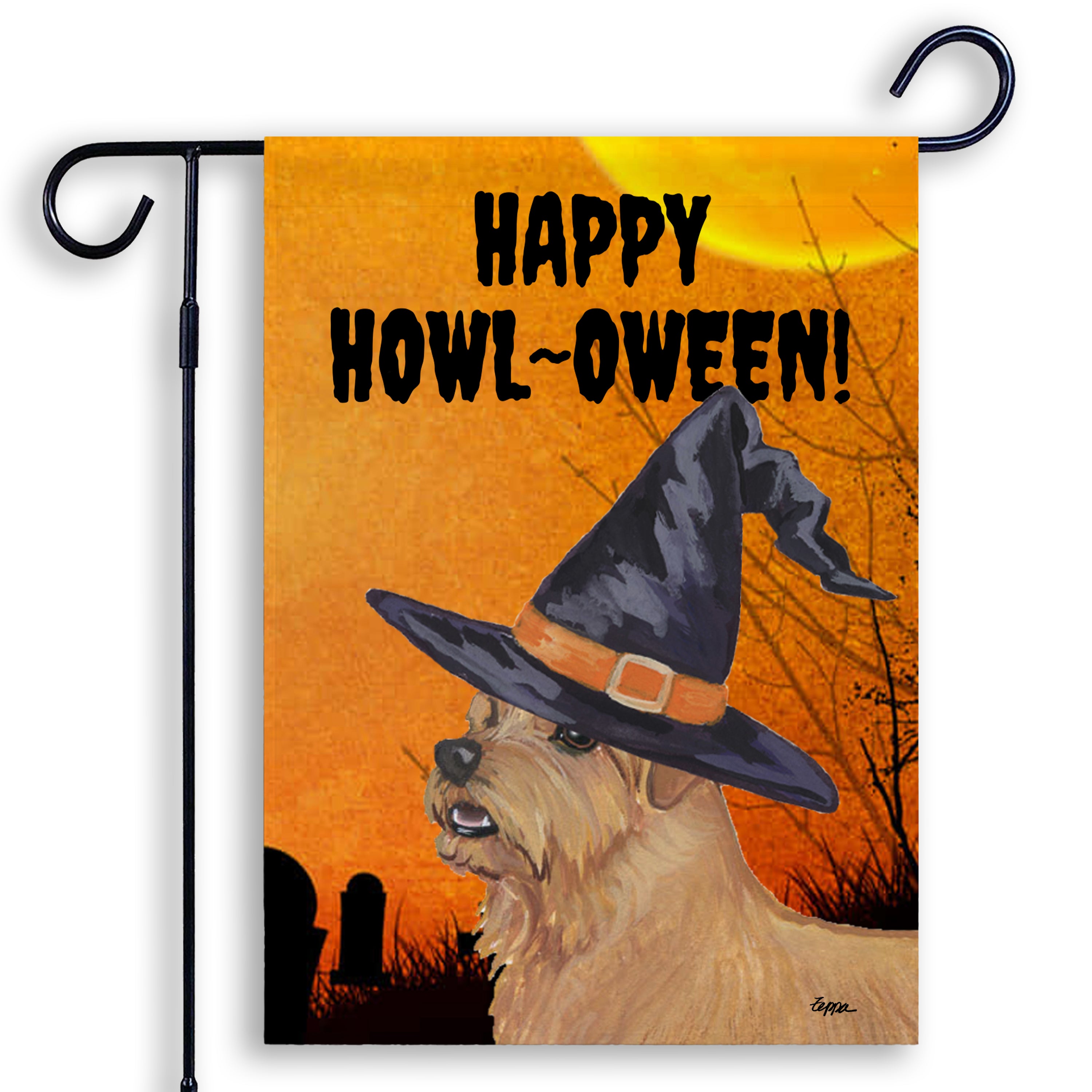 Halloween-themed garden flag with a Norfolk Terrier wearing a witch hat and 'Happy Howl-Oween!' text on an orange background.
