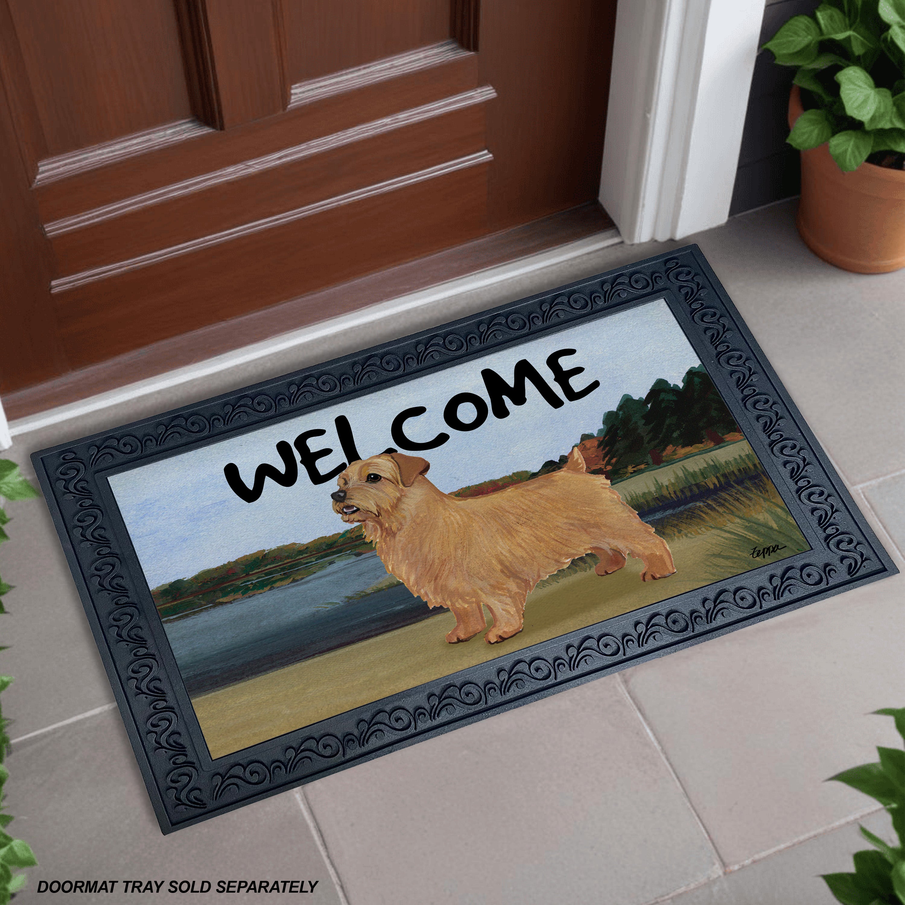 Norfolk Terrier Lake Scene Welcome Mat