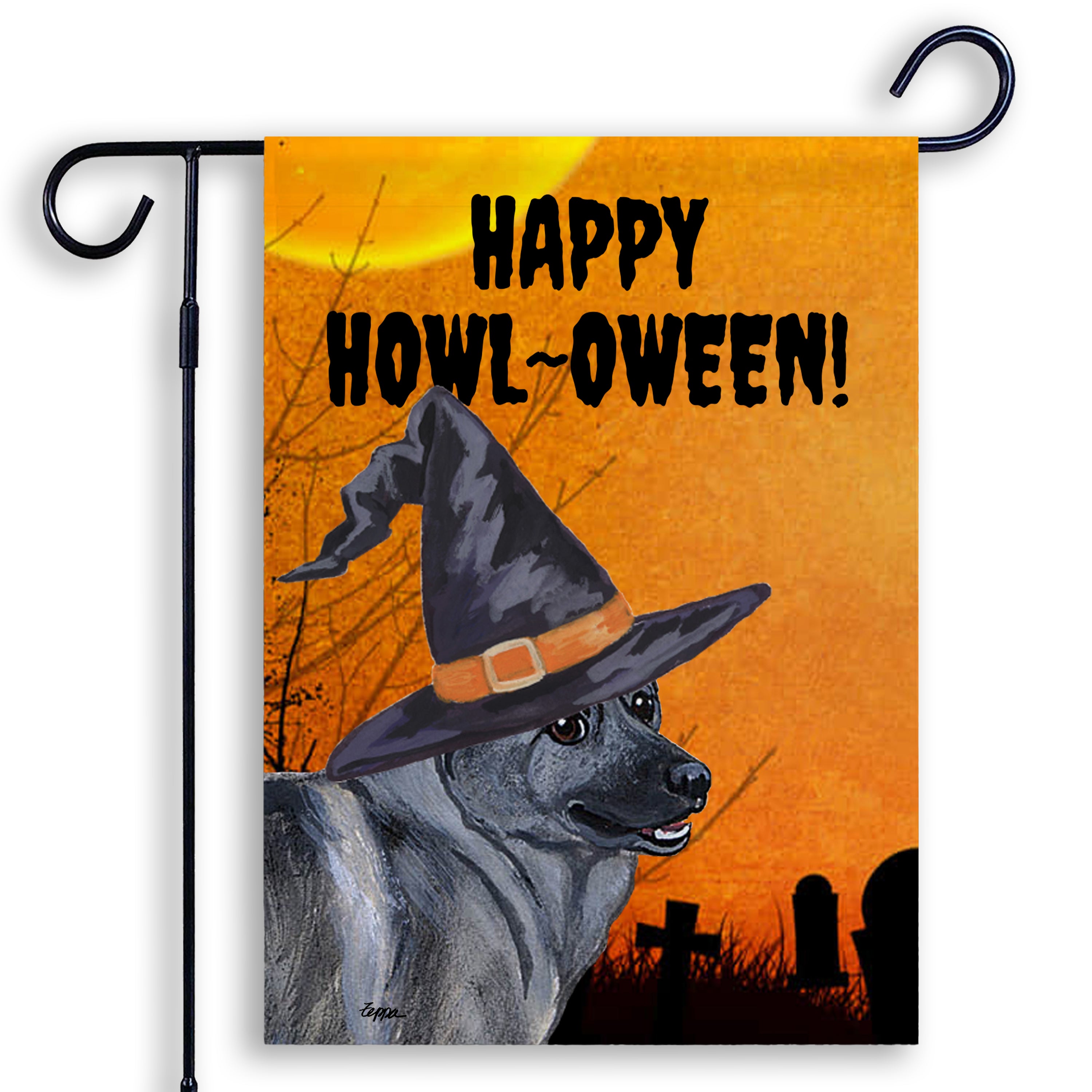 Halloween-themed garden flag with a Norwegian Elkhound wearing a witch hat and 'Happy Howl-Oween!' text on an orange background.