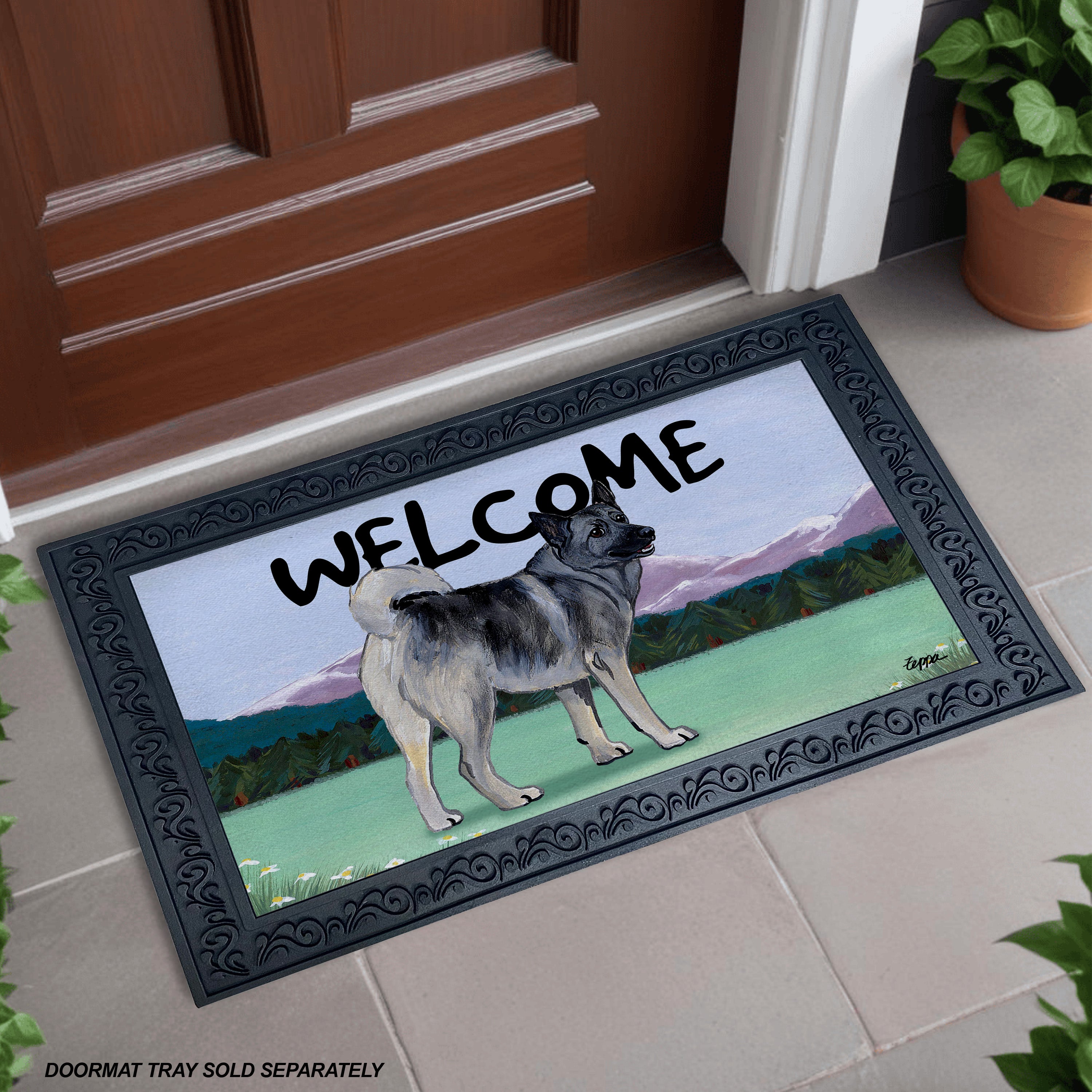 Norwegian Elkhound Mountain Scene Welcome Mat