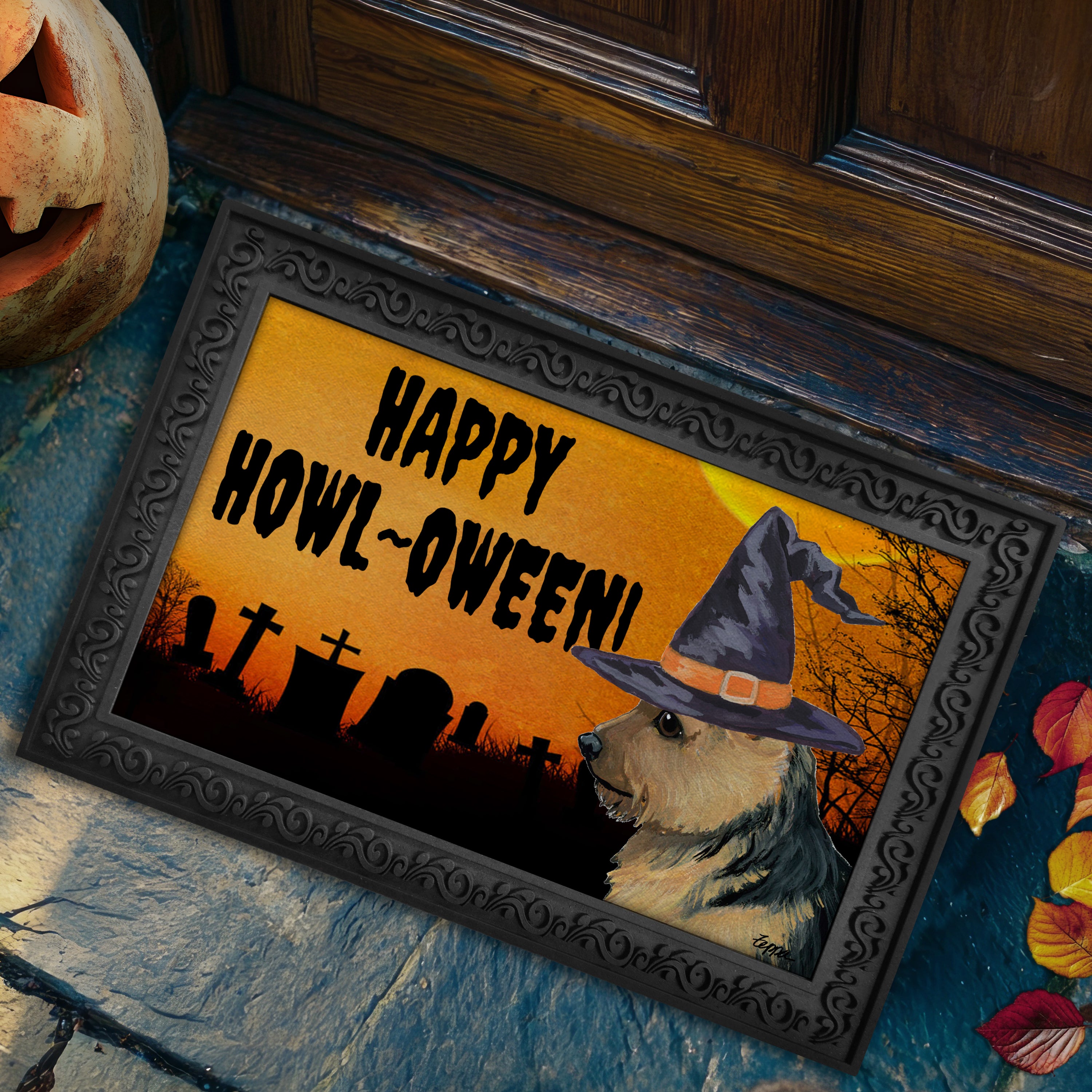 Halloween-themed doormat with a Norwich Terrier wearing a witch hat and 'Happy Howl-Oween!' text, placed on a stone step.