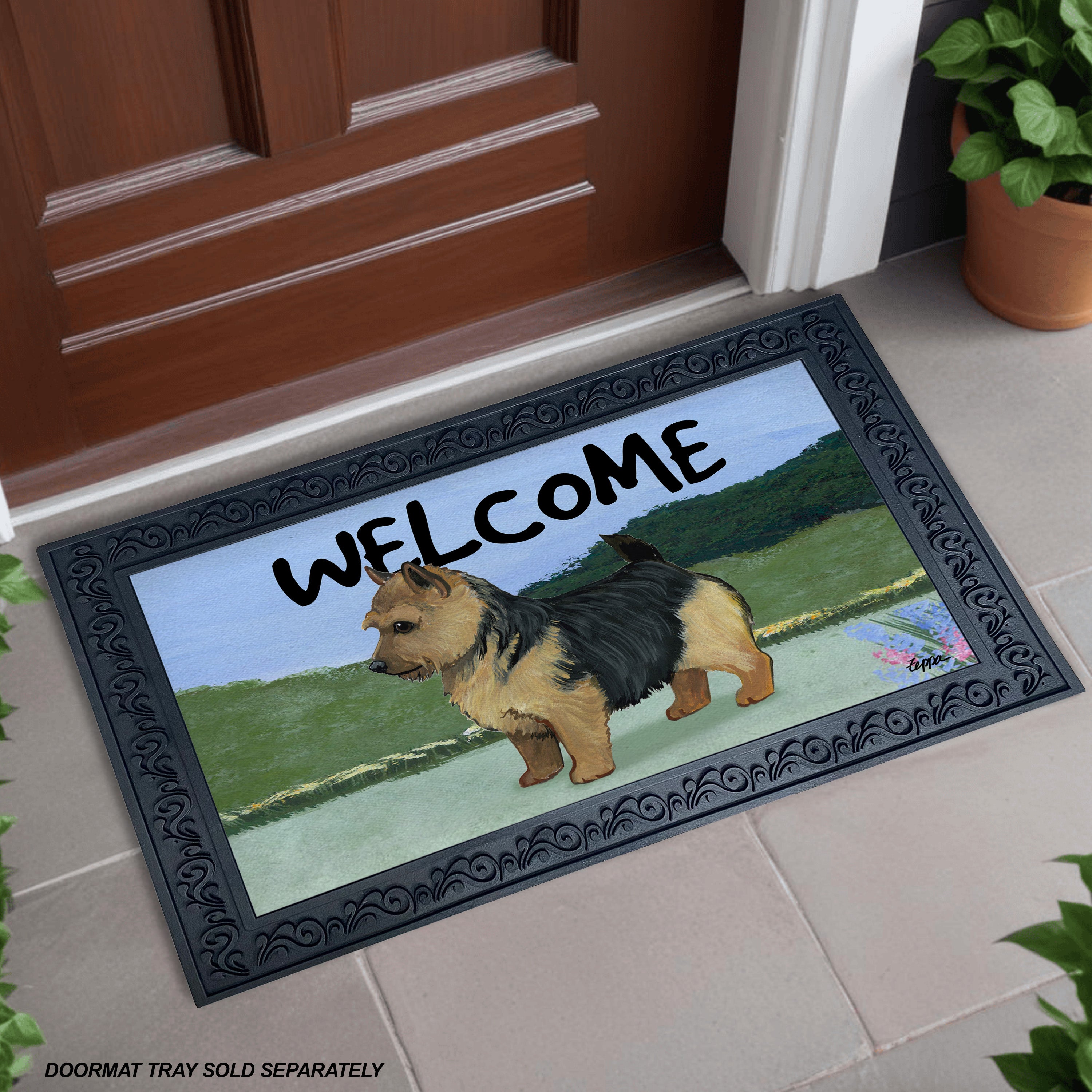 Black and Tan Norwich Terrier Yard Scene Welcome Mat