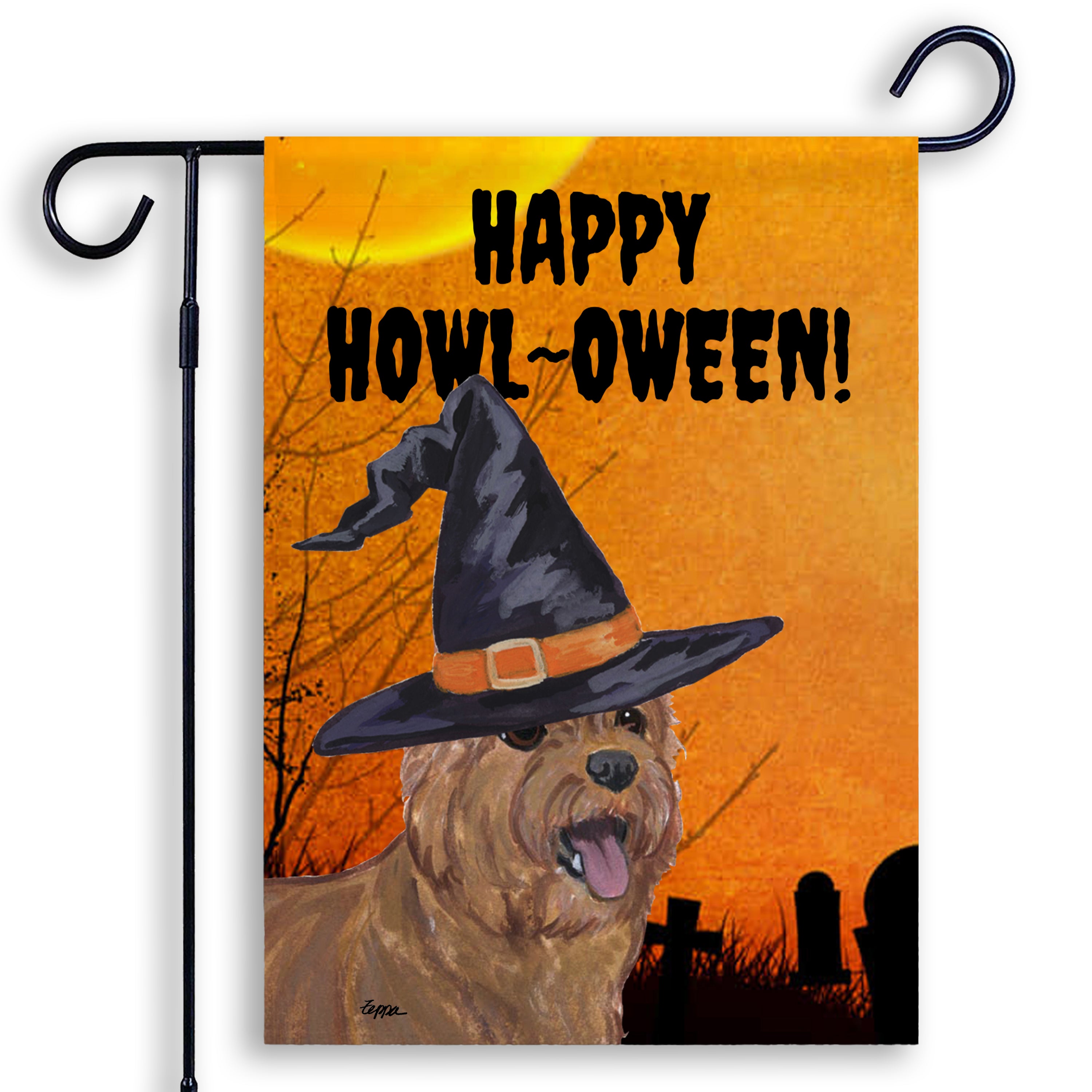 Halloween-themed garden flag with a Norwich Terrier wearing a witch hat and 'Happy Howl-Oween!' text on an orange background.