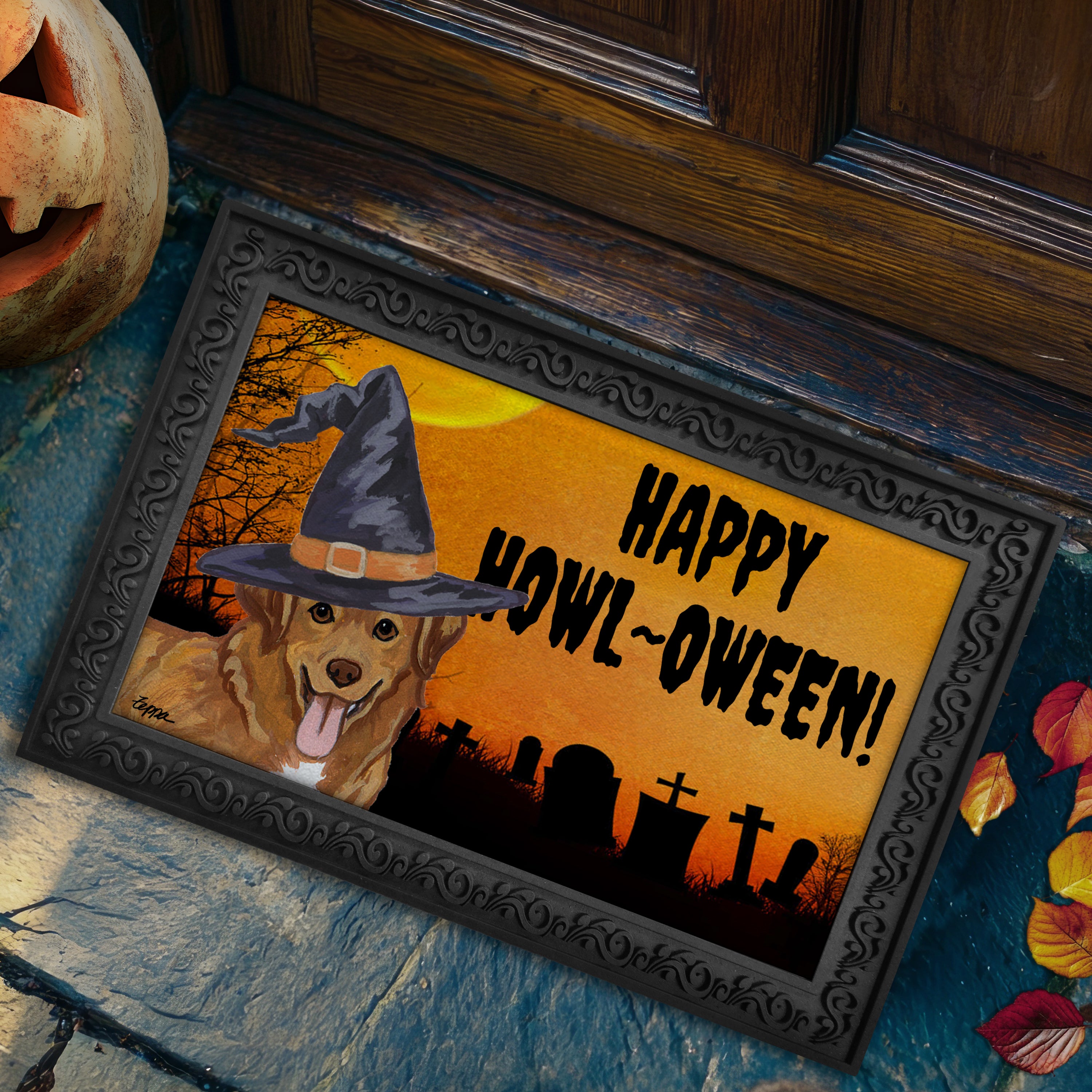 Nova Scotia Duck Tolling Retriever  in a witch's hat on a Happy Howl-oween doormat.
