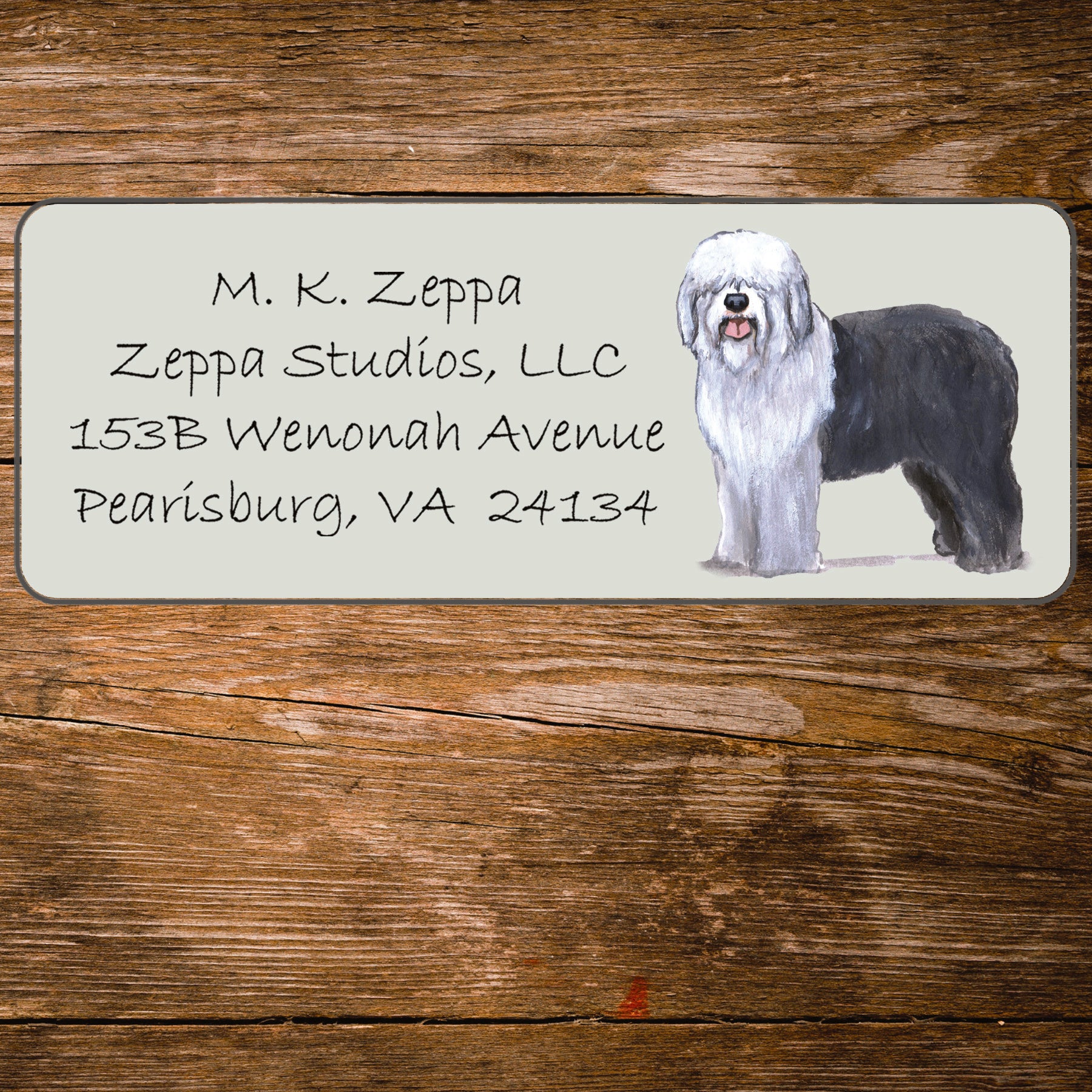 Return address label with an Old English Sheepdog illustration.