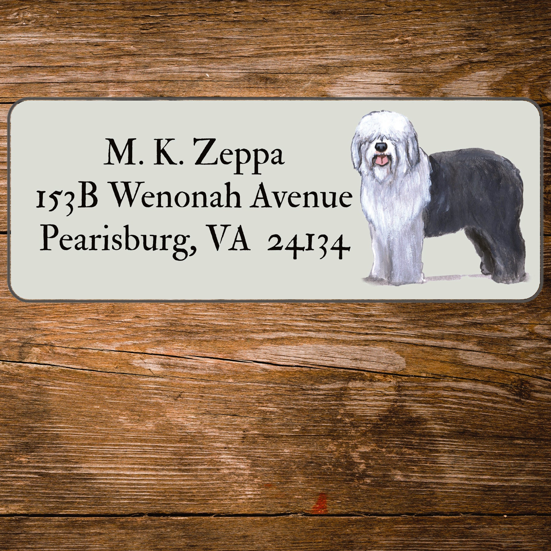 Return address label with an Old English Sheepdog illustration.