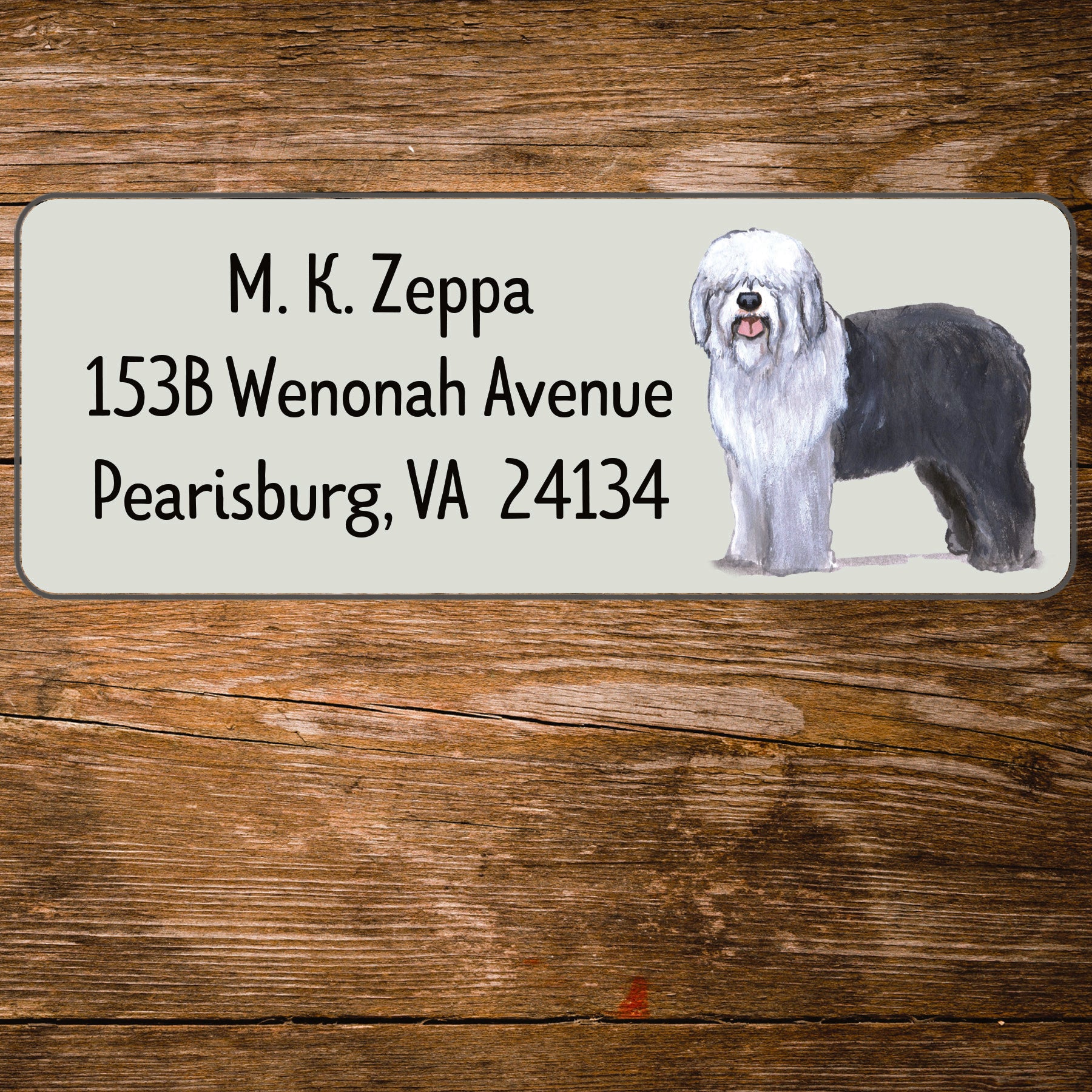 Return address label with an Old English Sheepdog illustration.