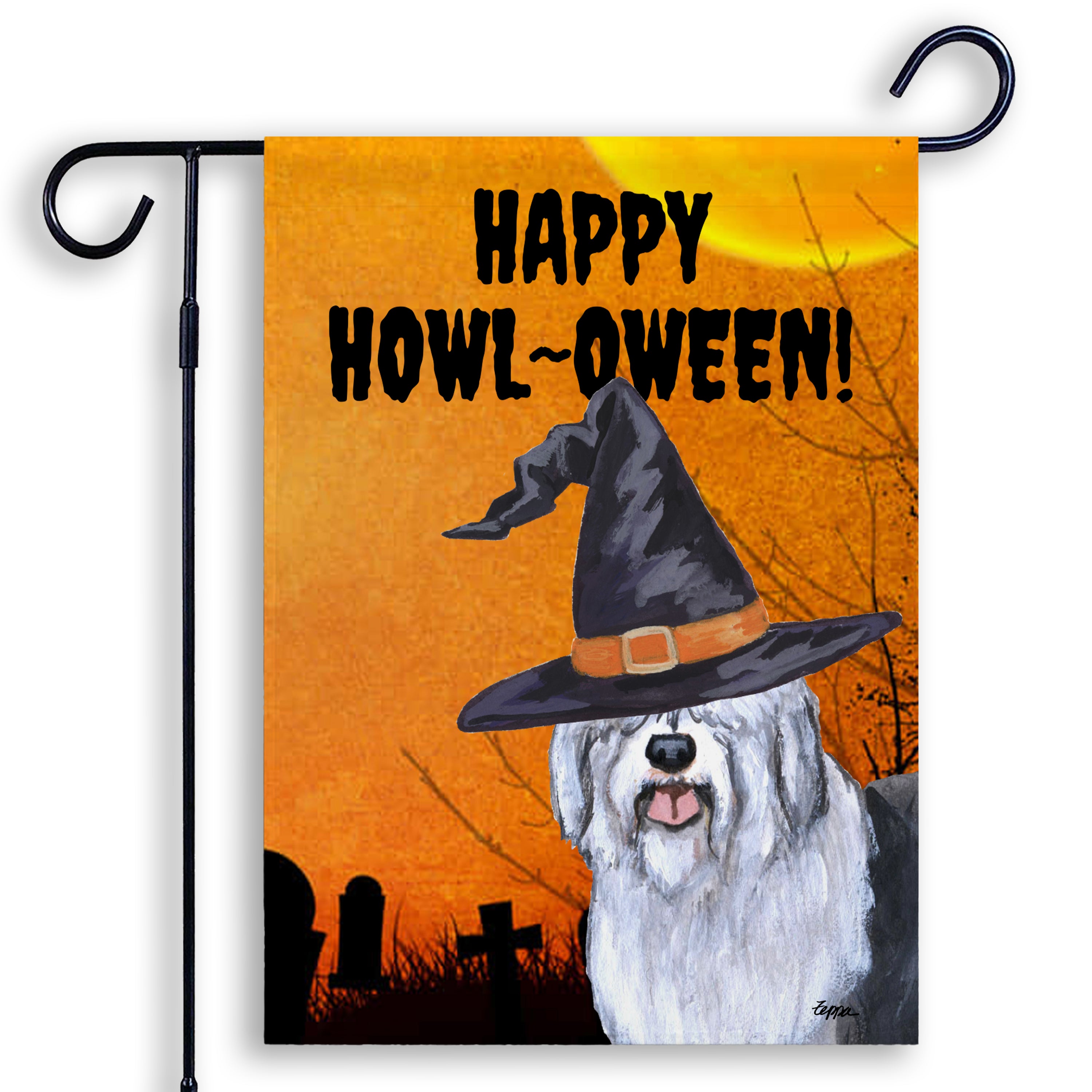 Halloween-themed garden flag with a Old English Sheepdog wearing a witch hat and 'Happy Howl-Oween!' text on an orange background.