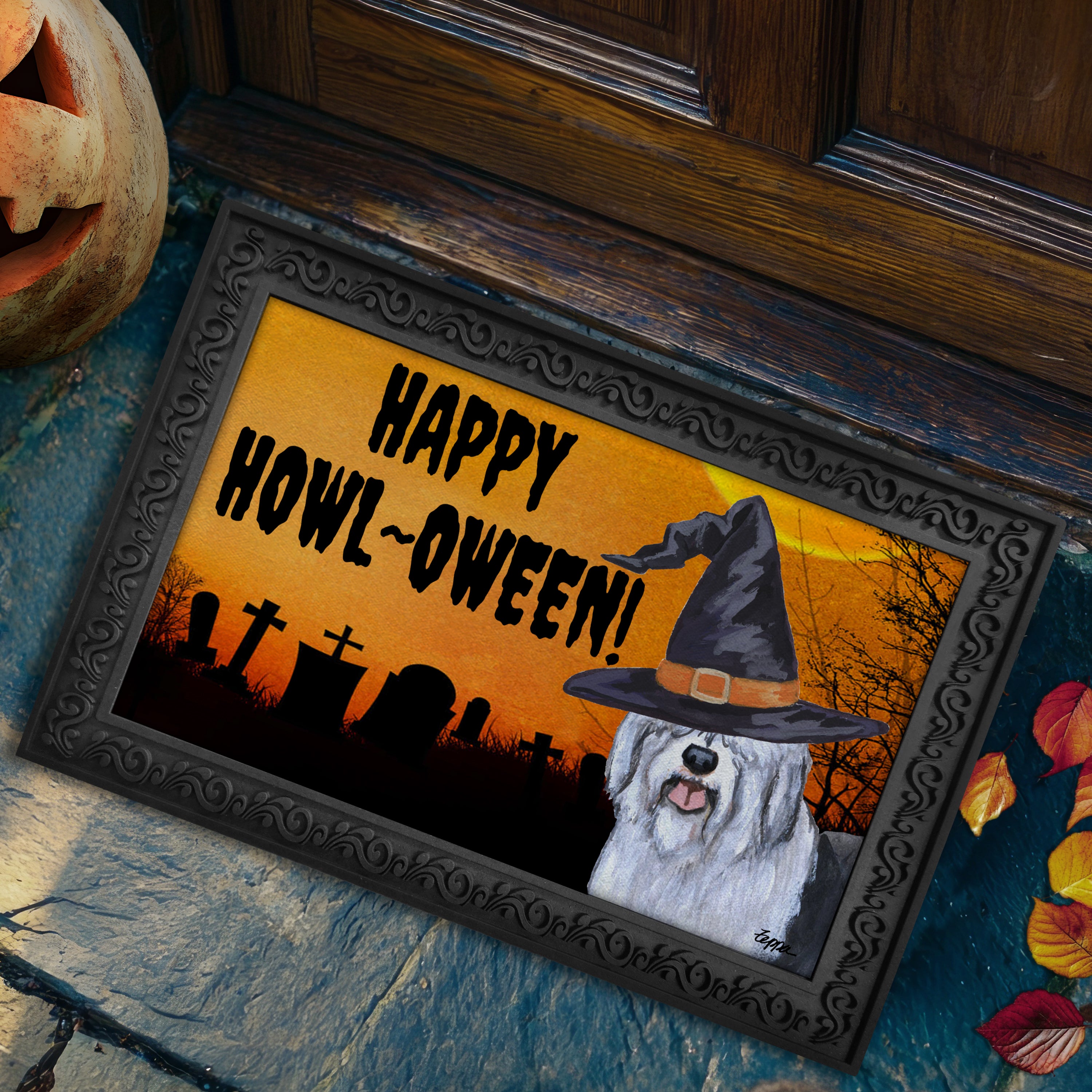 Old English Sheepdog in a witch's hat on a Happy Howl-oween doormat.