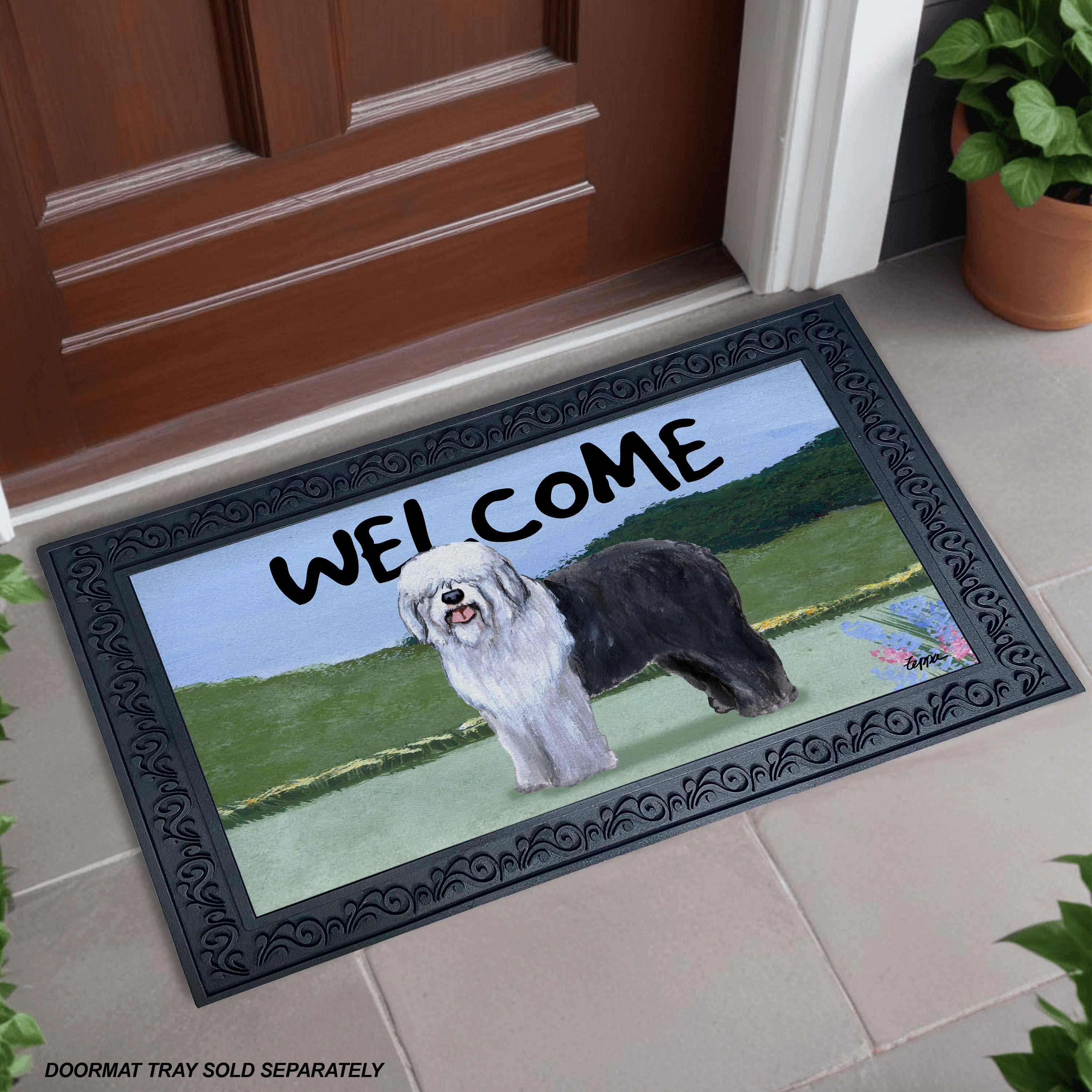 Old English Sheepdog Yard Scene Welcome Mat