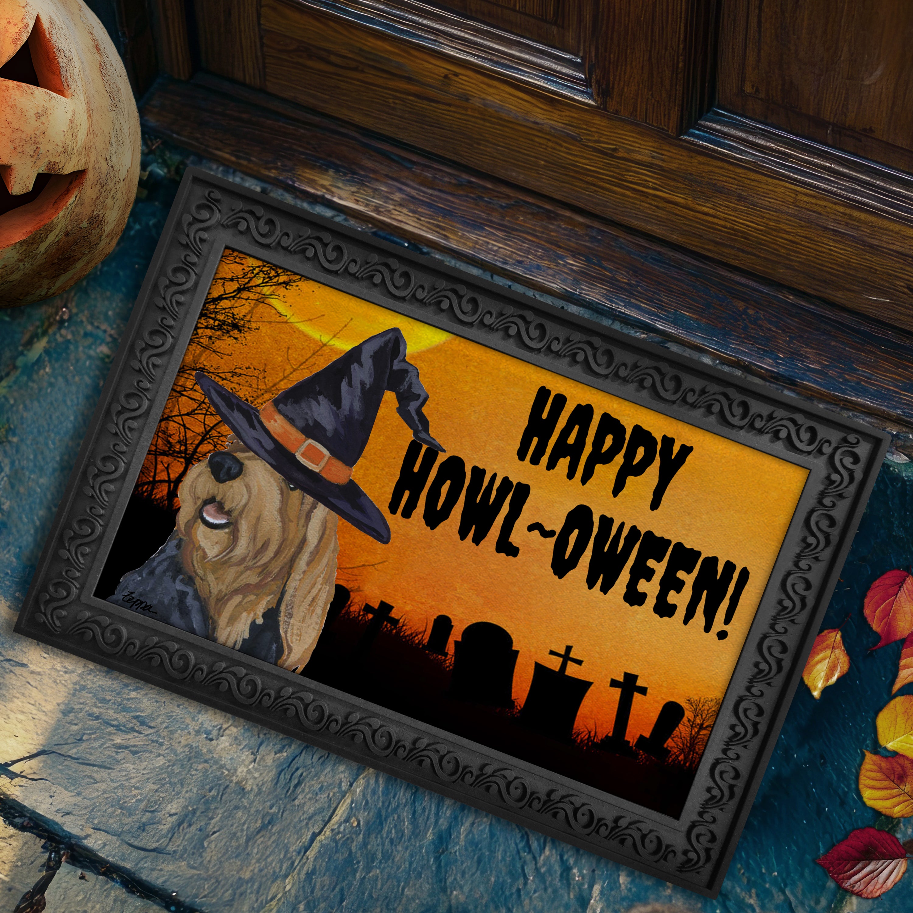 Otterhound in a witch's hat on a Happy Howl-oween door mat.