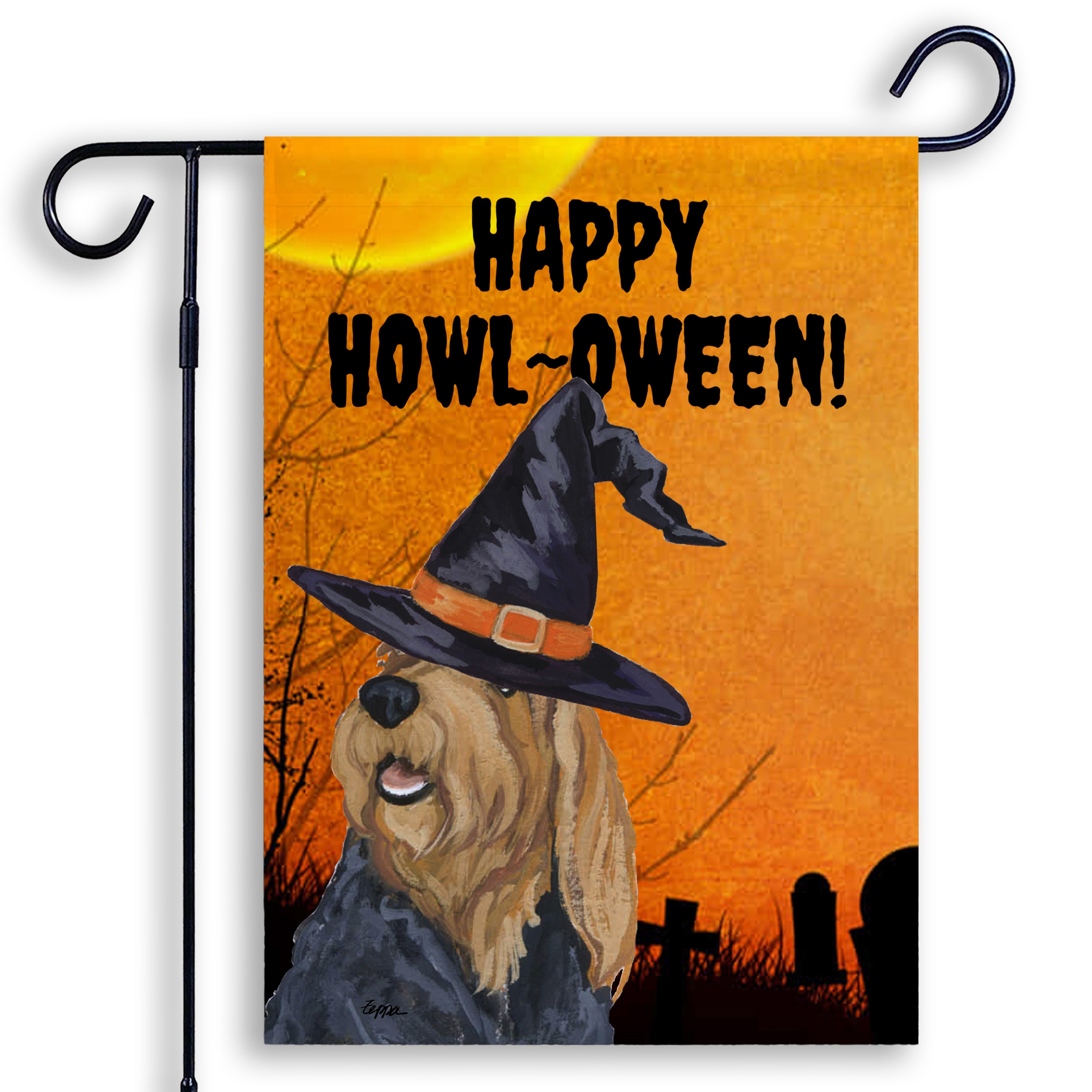 Halloween-themed garden flag with a Otterhound wearing a witch hat and 'Happy Howl-Oween!' text on an orange background.