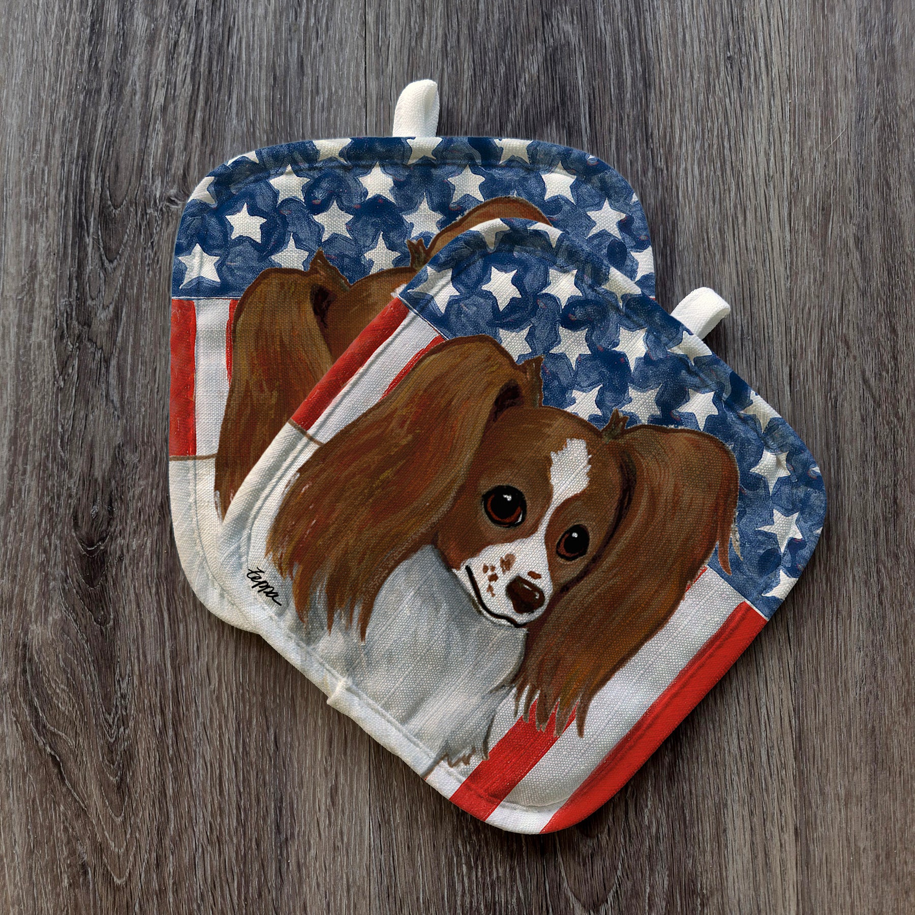 Red and White Papillon Americana Pot Holders