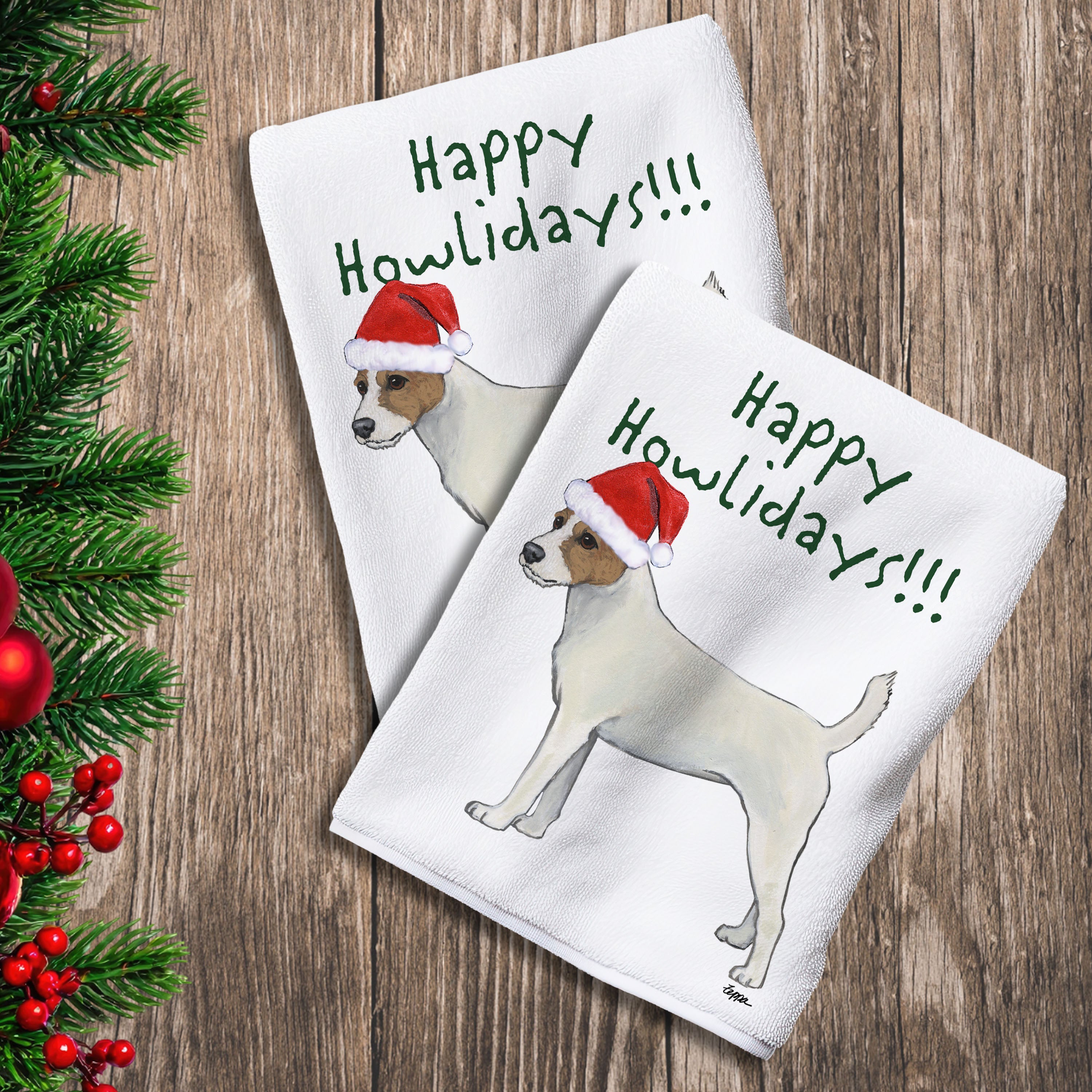 2 Kitchen Towels with a Parson Russell Terrier in a Santa Hat and Happy Howlidays text.