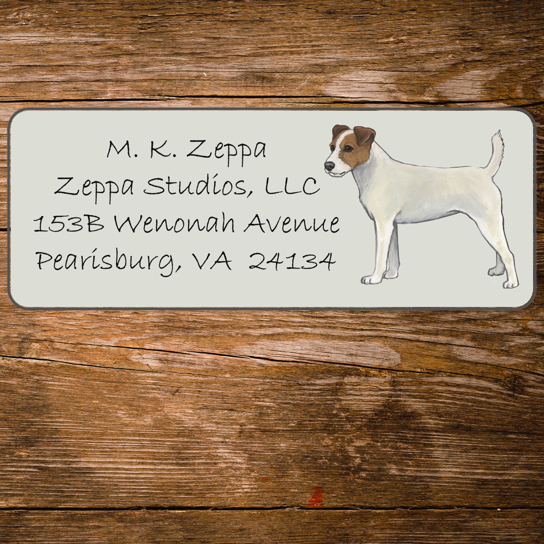 Return address label with an illustration of a Parson Russell Terrier