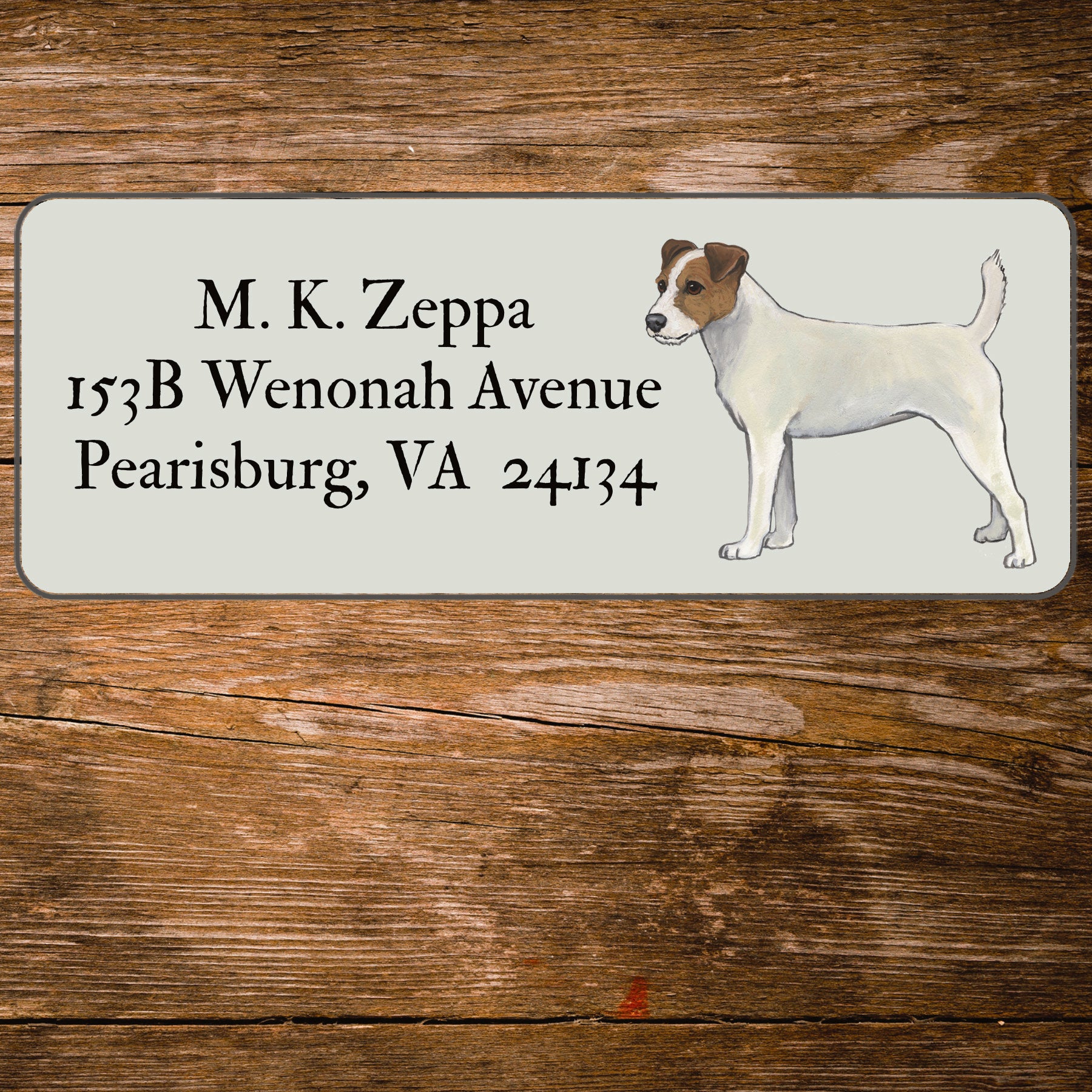 Return address label with an illustration of a Parson Russell Terrier