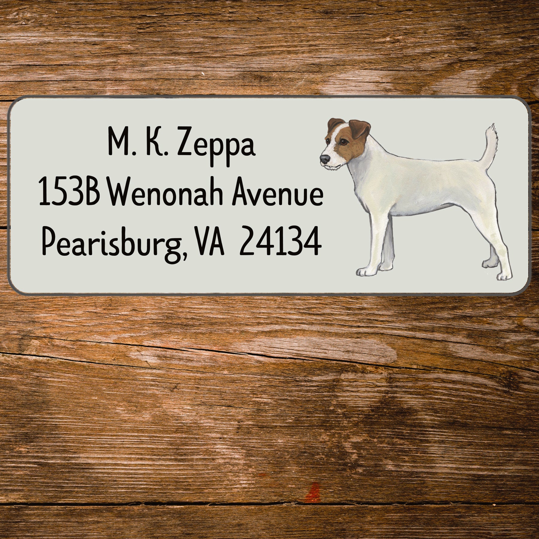 Return address label with an illustration of a Parson Russell Terrier