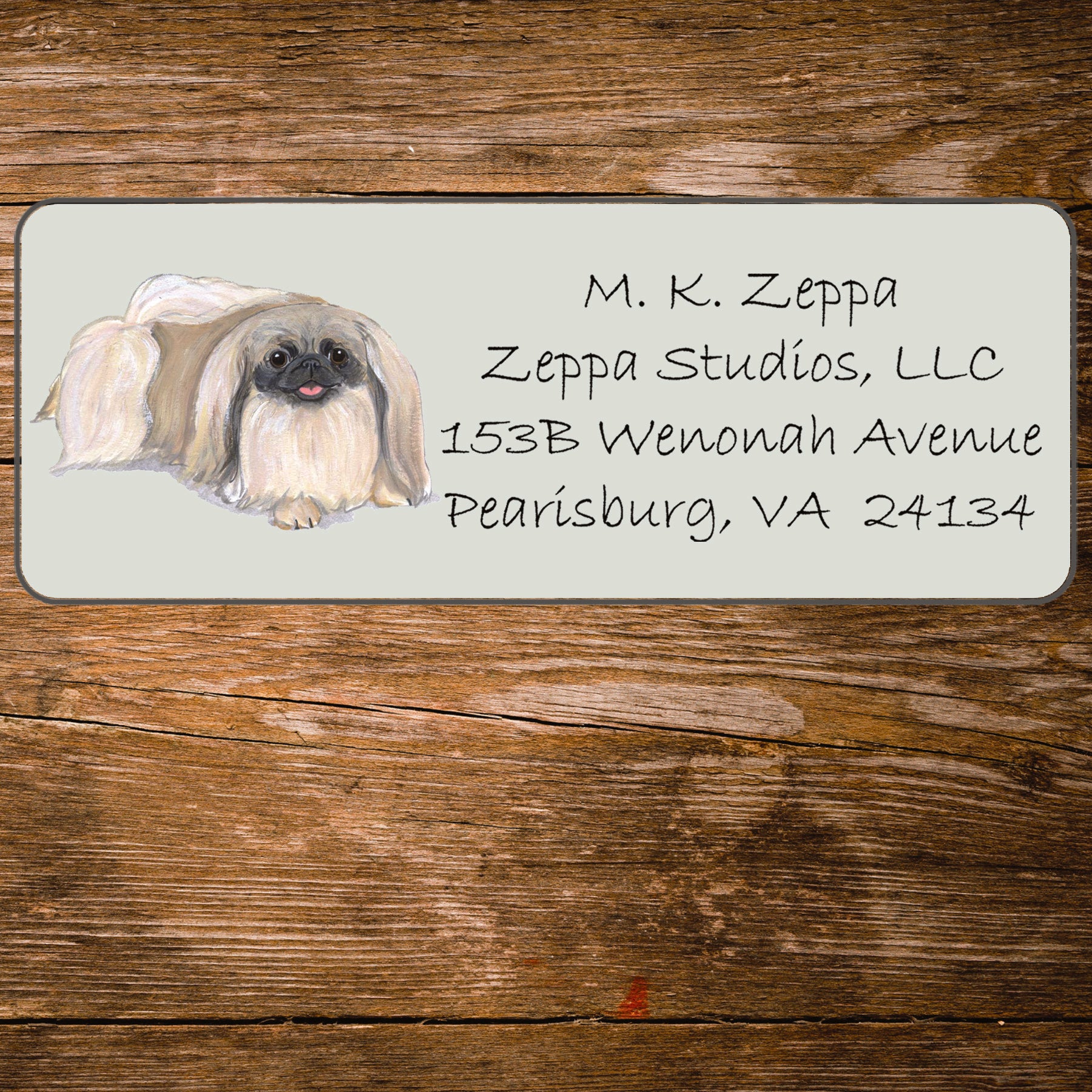 Return address label with a Pekingese dog illustration.