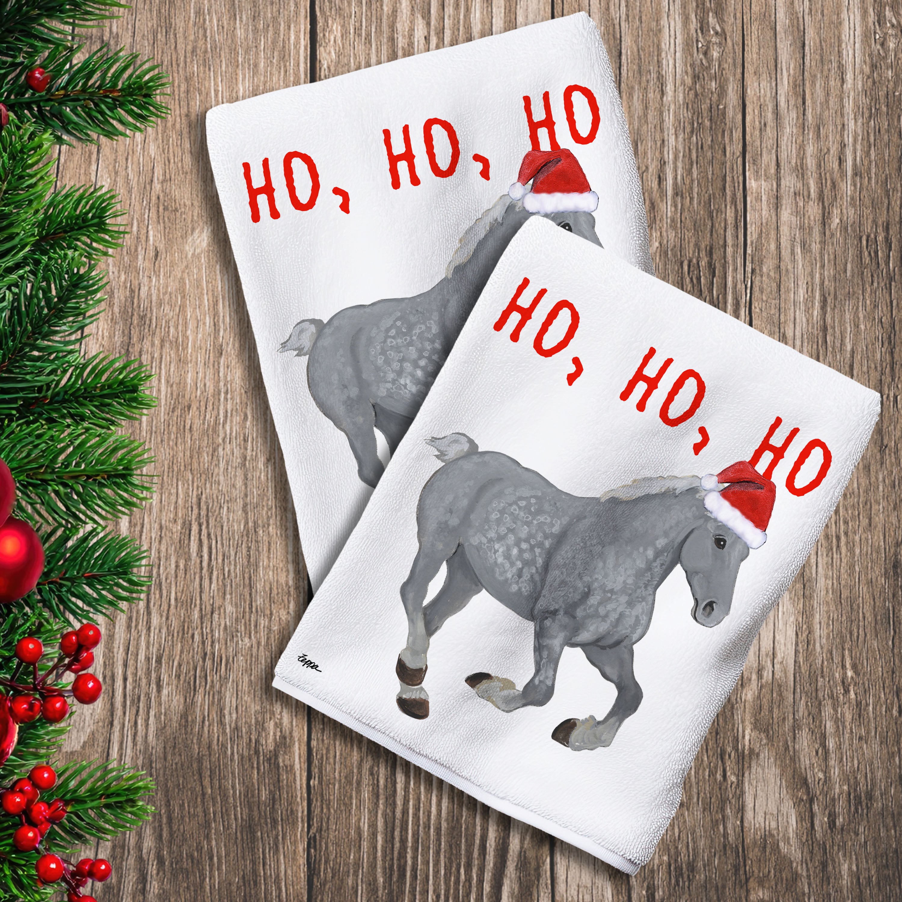 2 Kitchen Towels with a Percheron horse in a Santa Hat and Ho Ho Ho text.