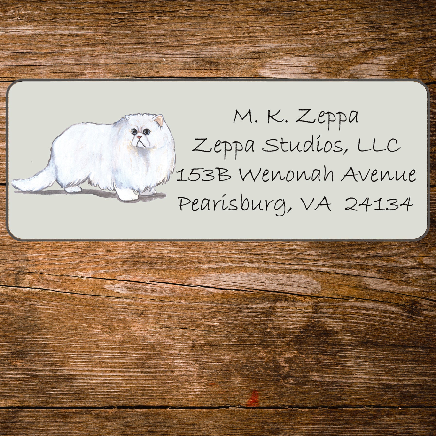 Return address label with a Persian Cat illustration.