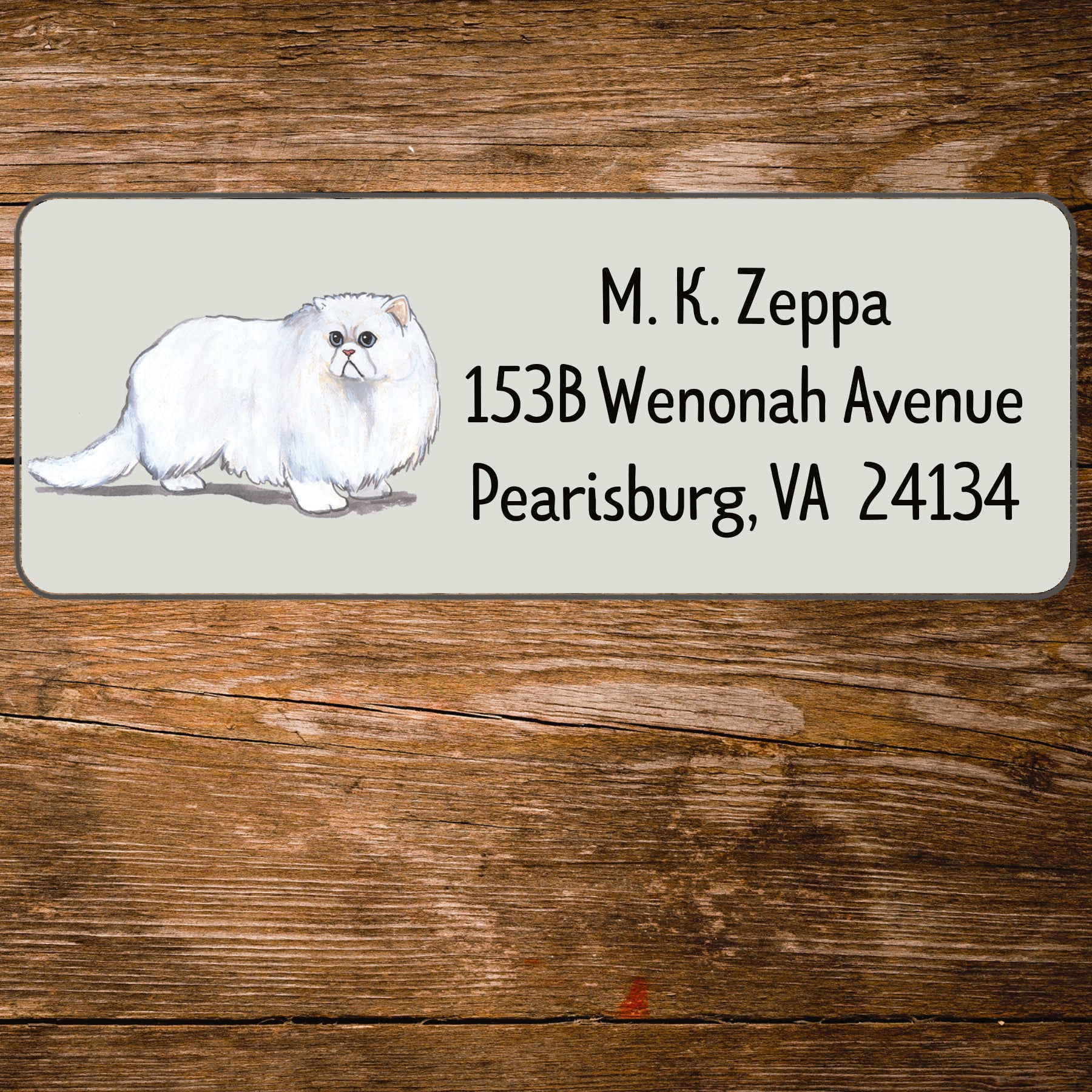 Return address label with a Persian Cat illustration.