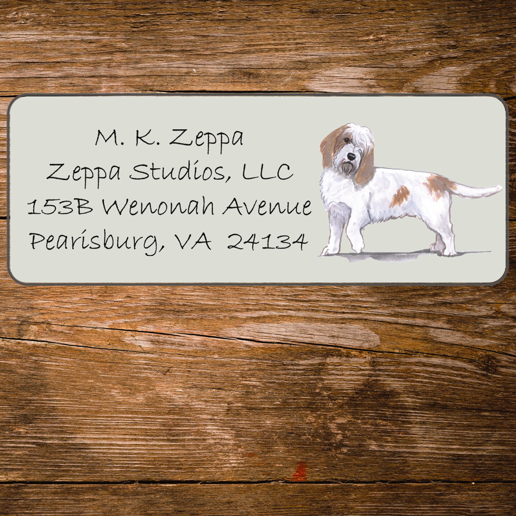 Return address label with a Petite Basset Griffon Vendeen illustration.