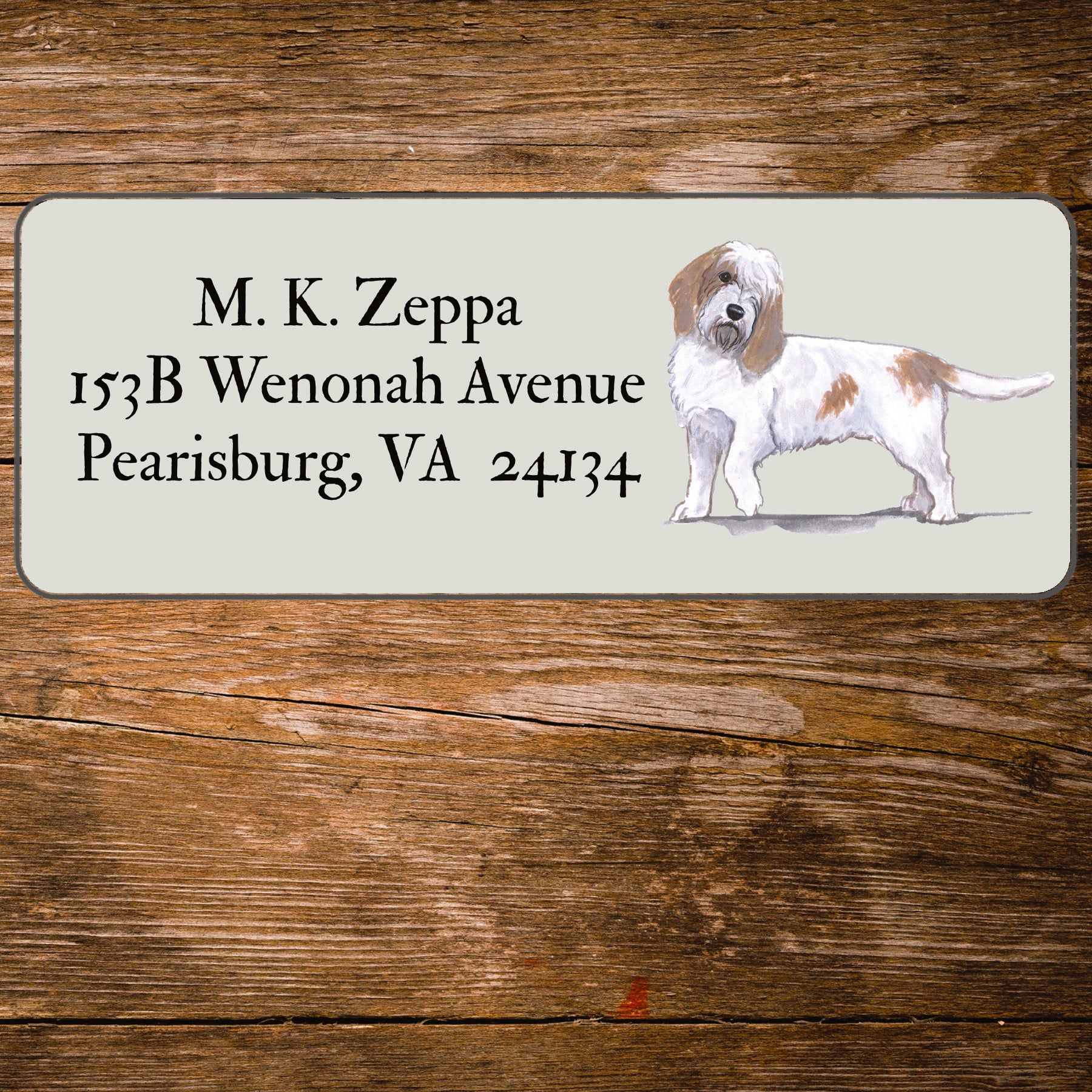 Return address label with a Petite Basset Griffon Vendeen illustration.