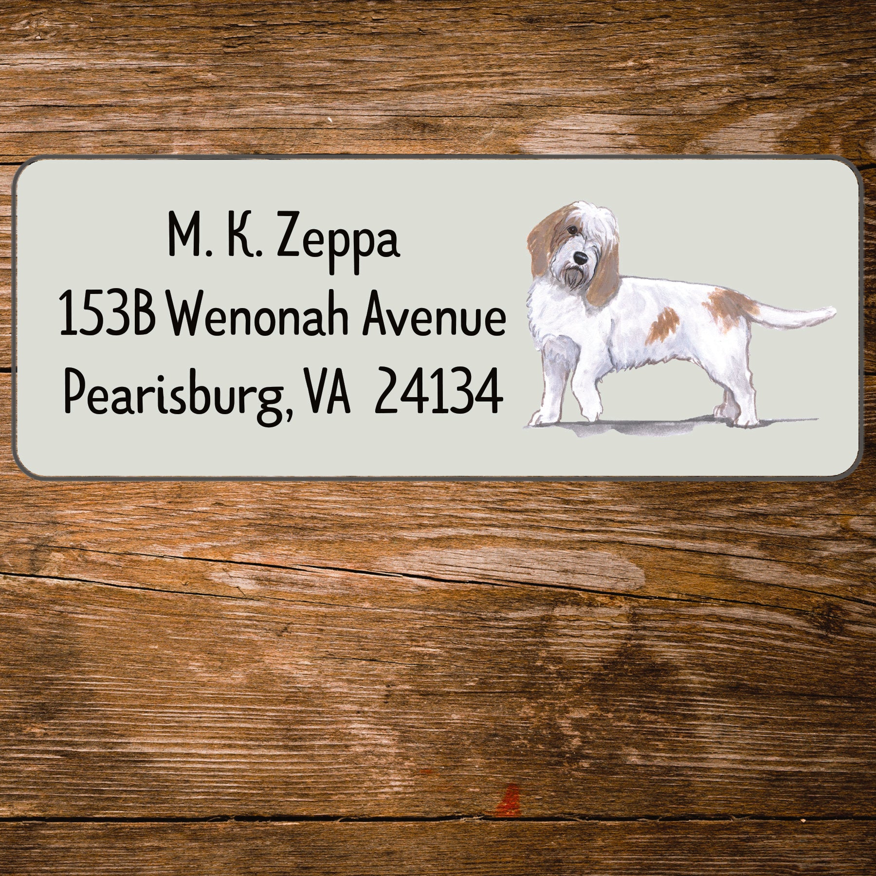 Return address label with a Petite Basset Griffon Vendeen illustration.