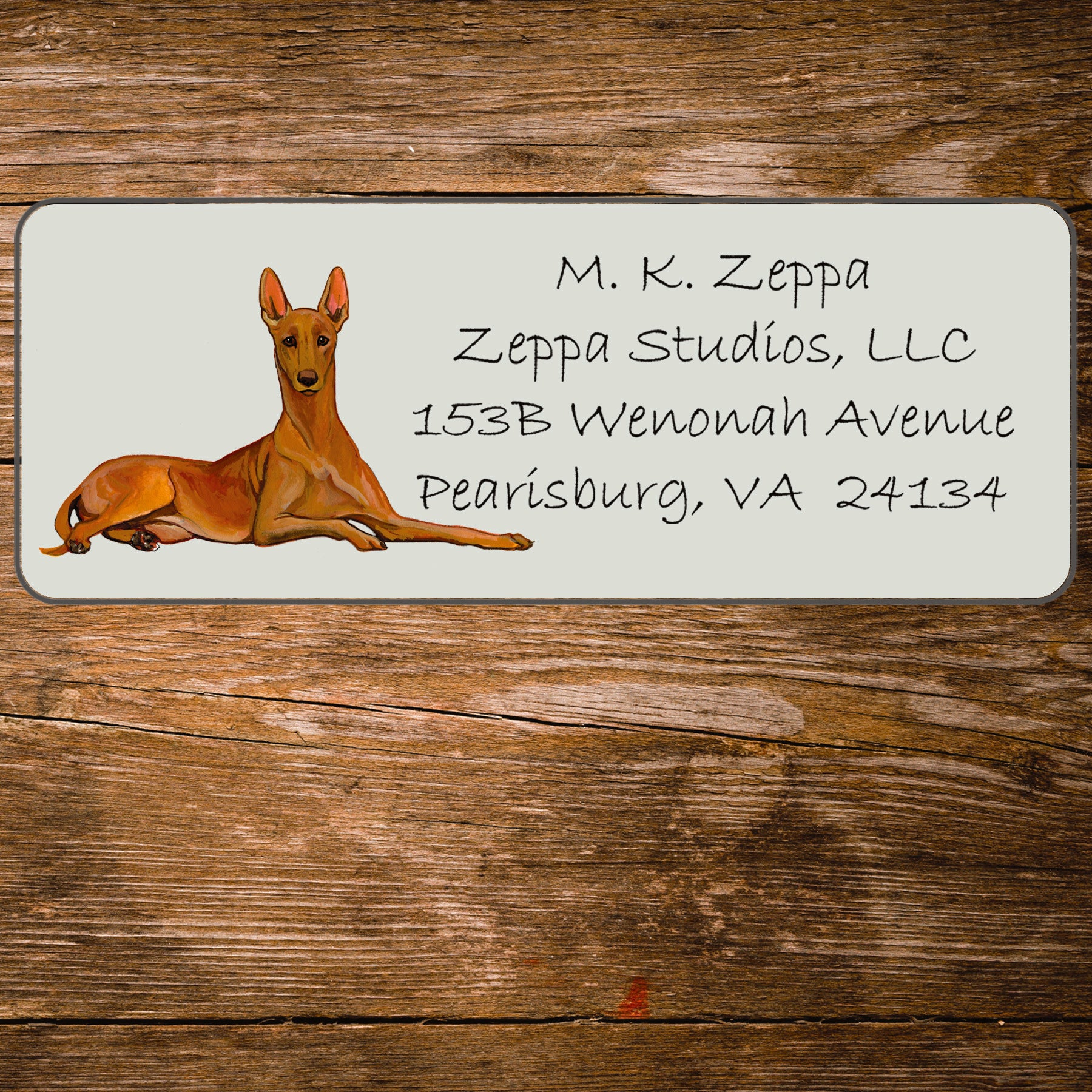 Return address label with a Pharaoh Hound illustration.