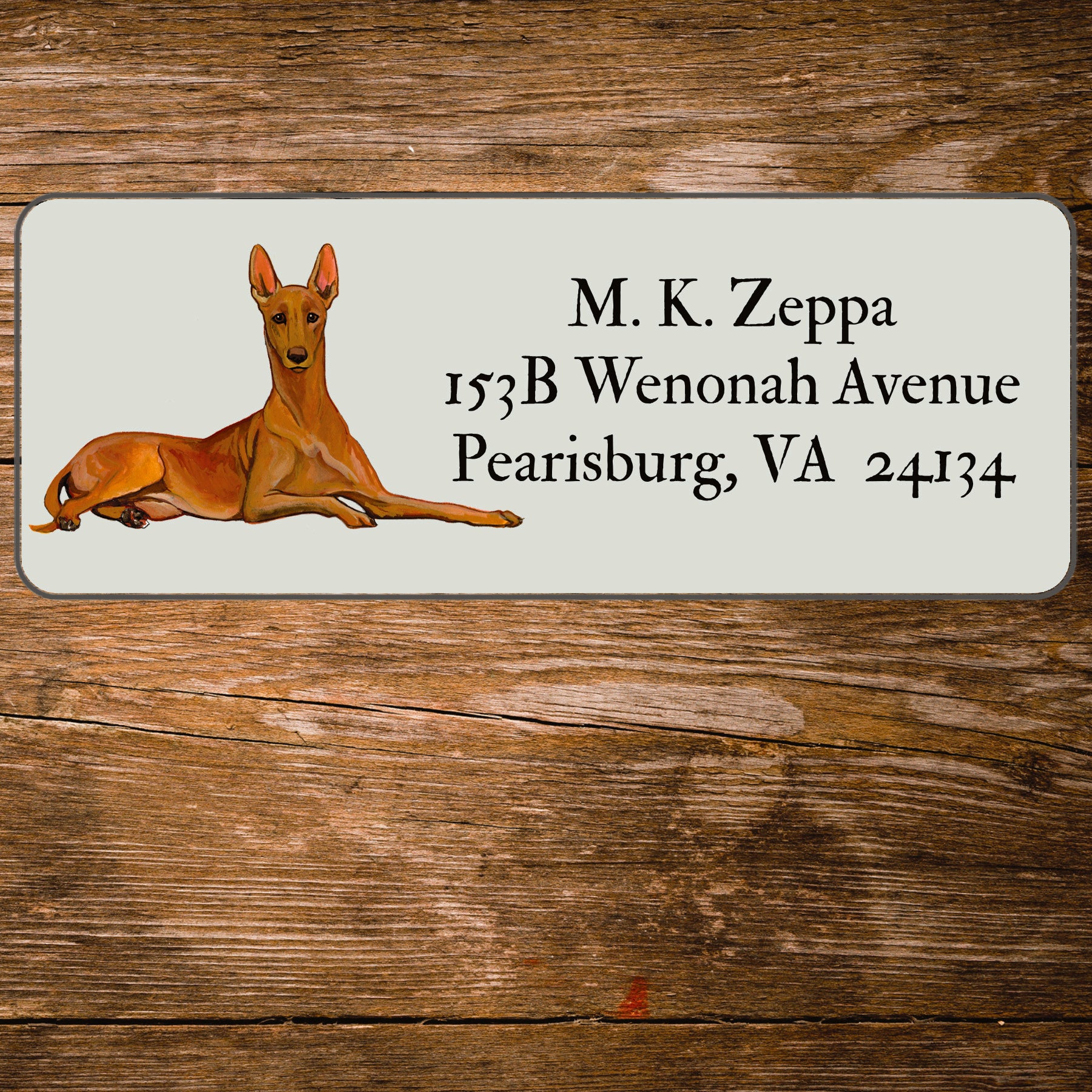 Return address label with a Pharaoh Hound illustration.