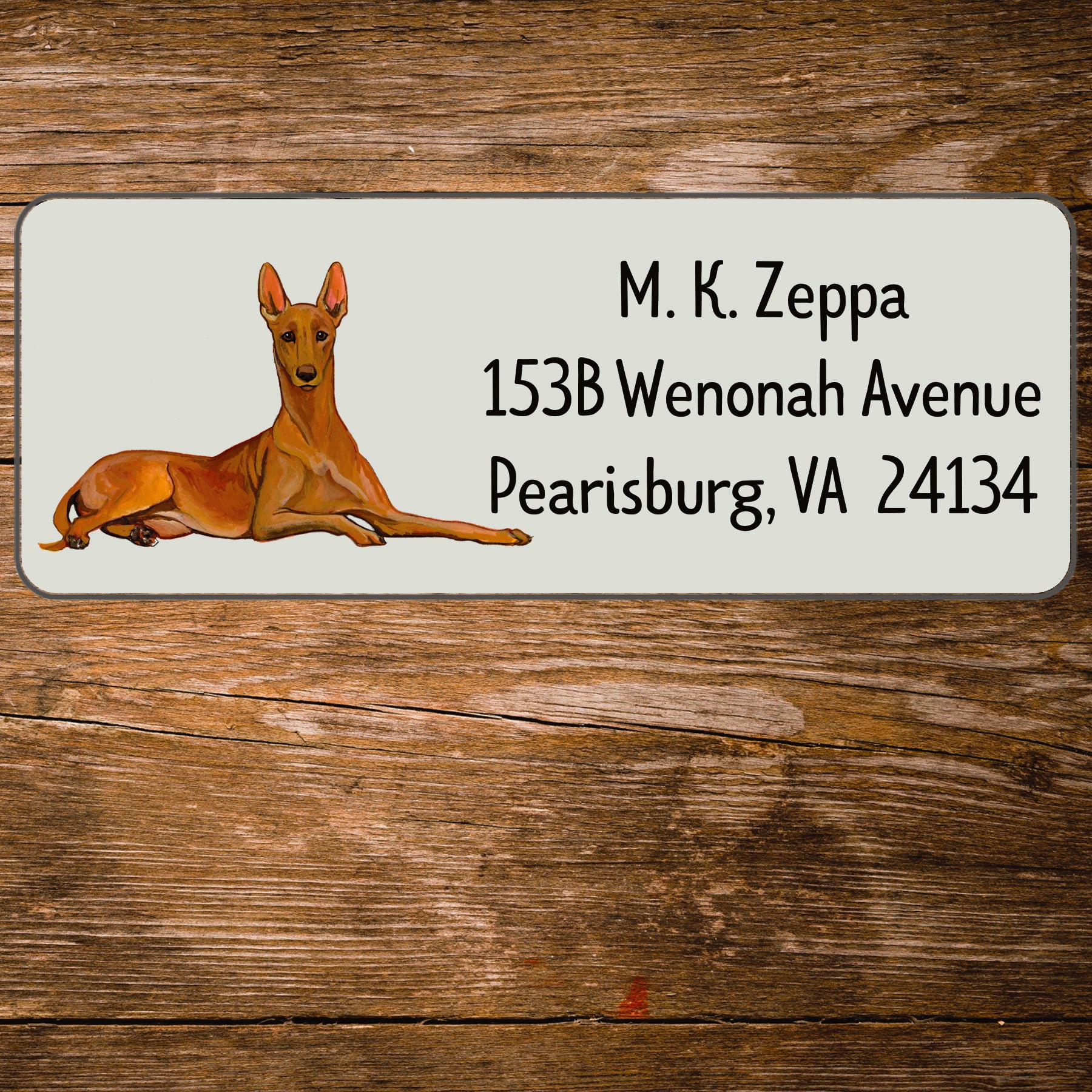Return address label with a Pharaoh Hound illustration.