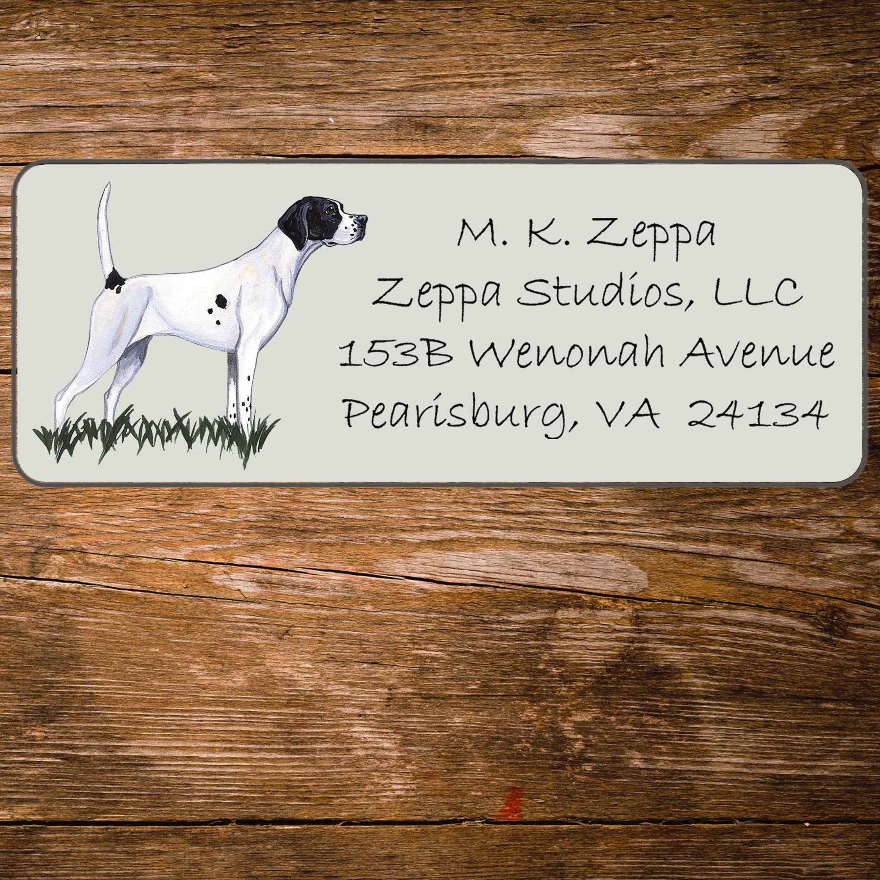 Return address label with a Pointer illustration.