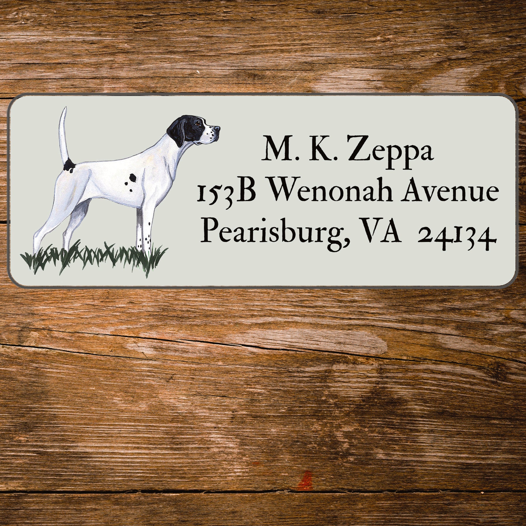 Return address label with a Pointer illustration.