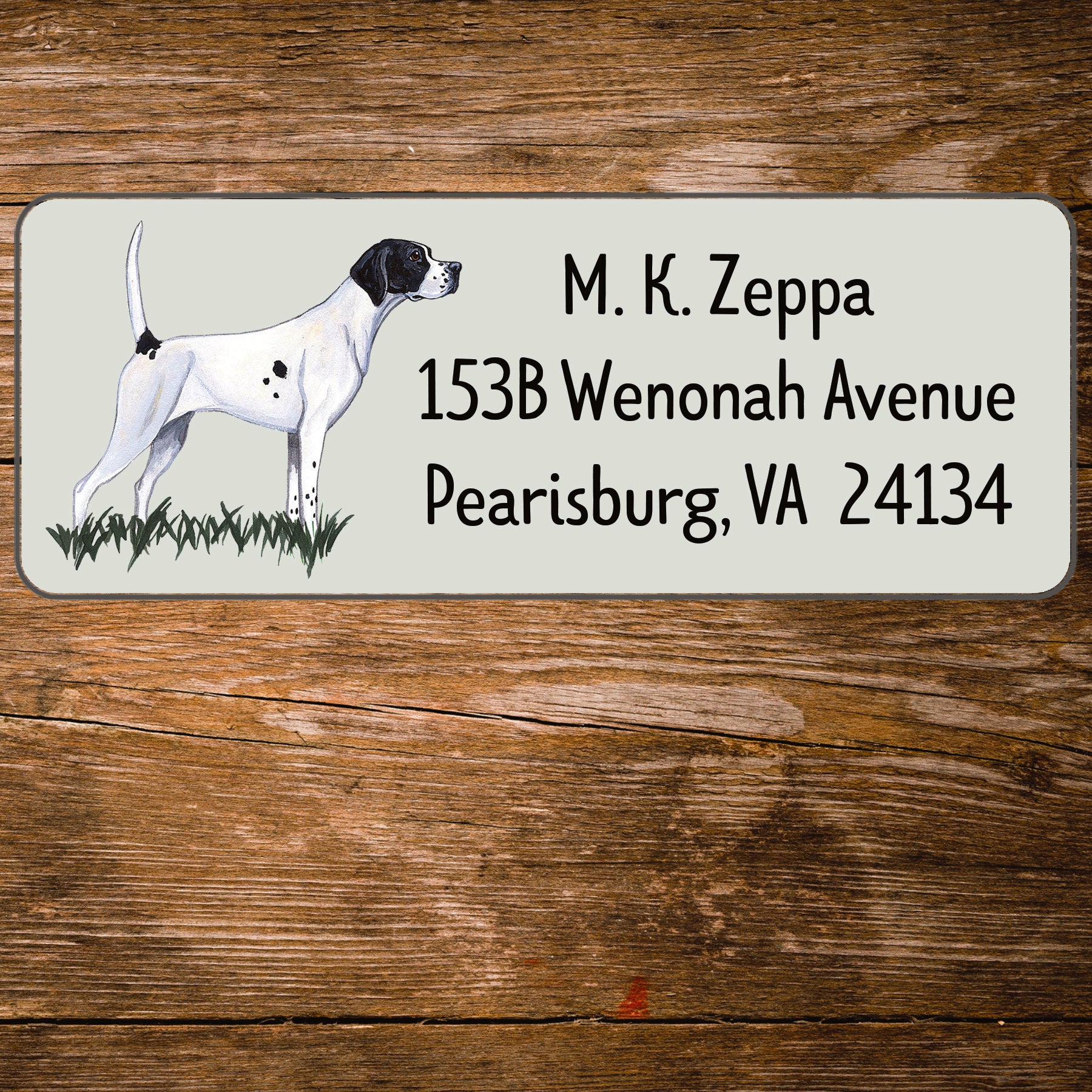 Return address label with a Pointer illustration.