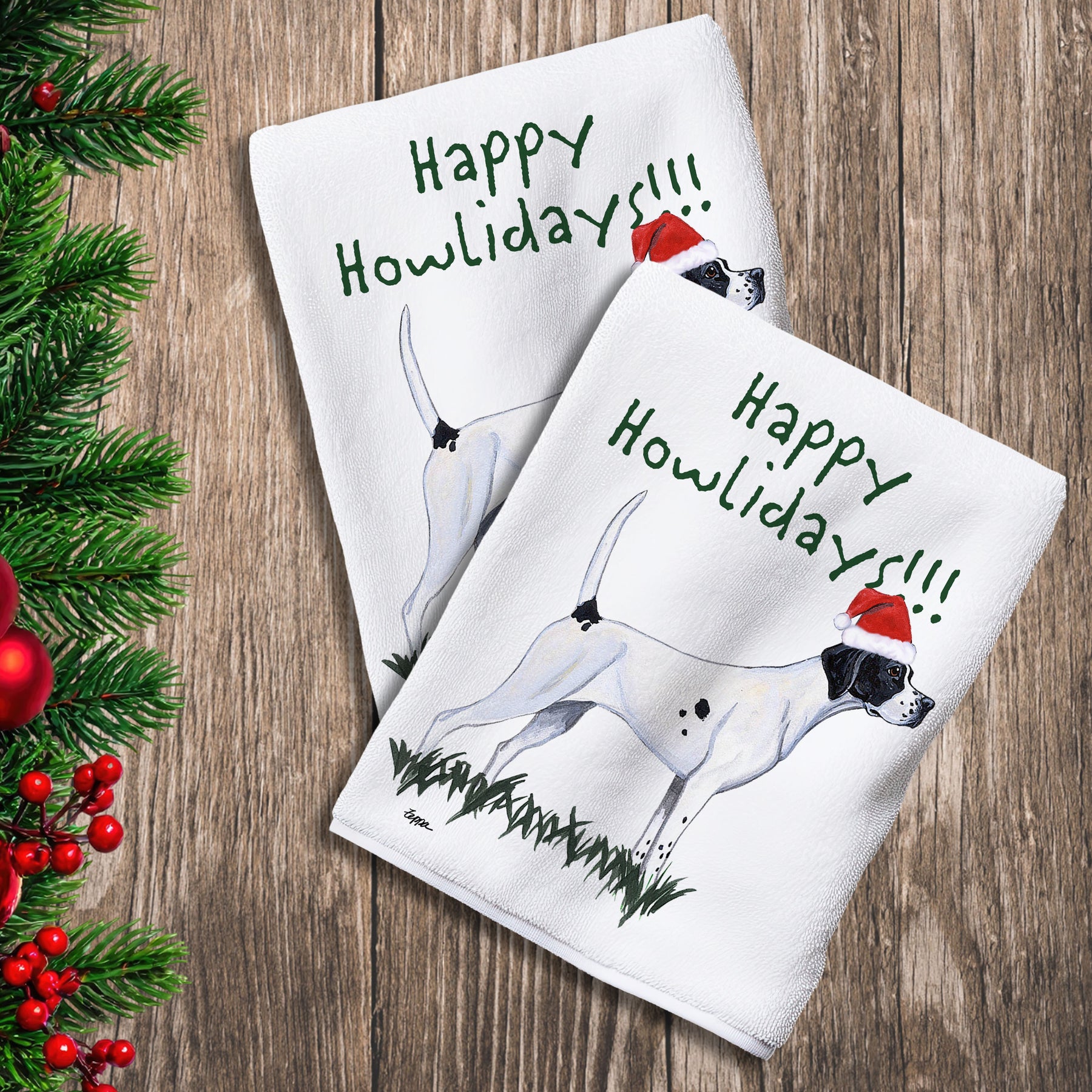 2 Kitchen Towels with a Pointer in a Santa Hat and Happy Howlidays text.
